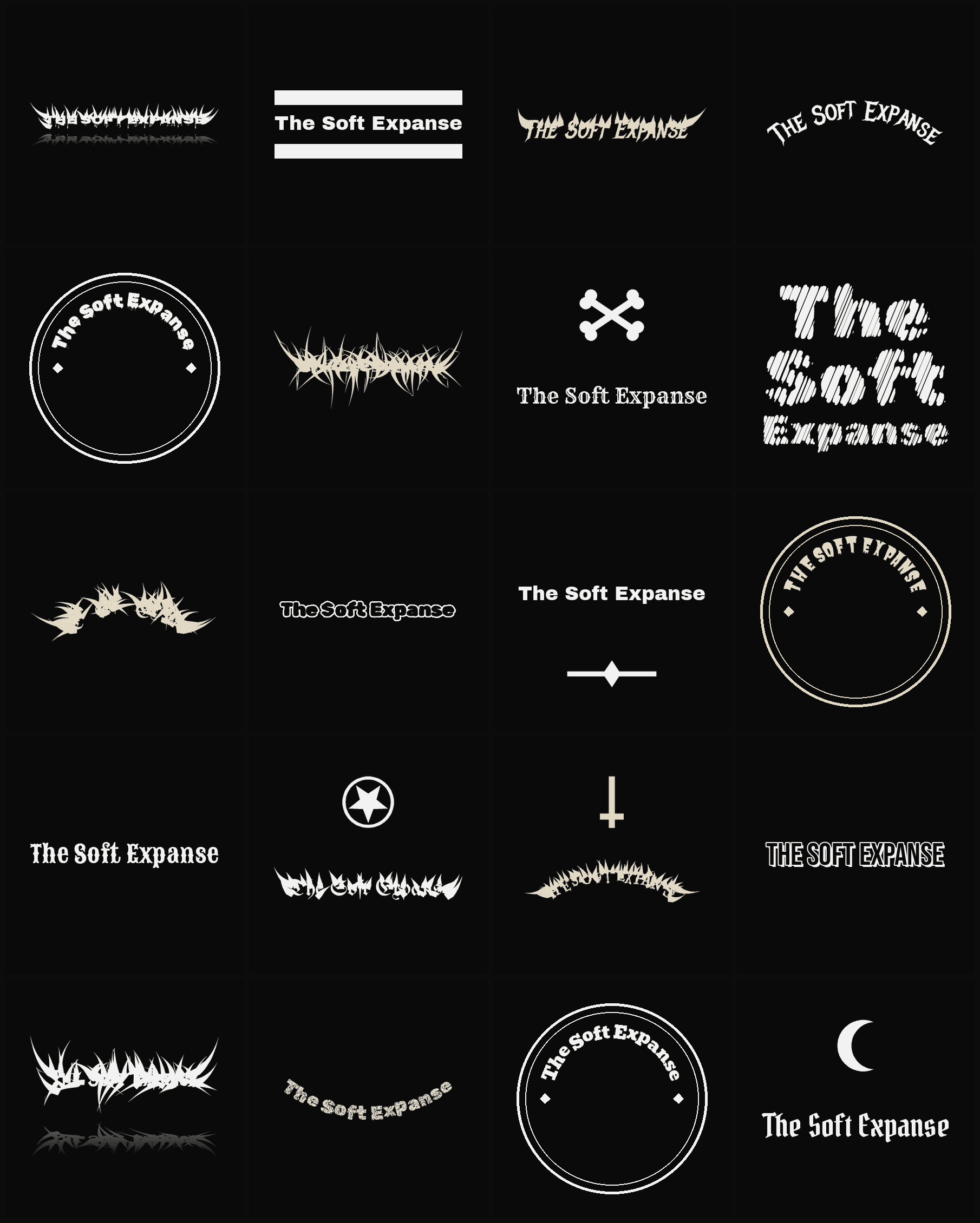 Twenty The Soft Expanse band logo ideas — different faces, treatments and spike settings