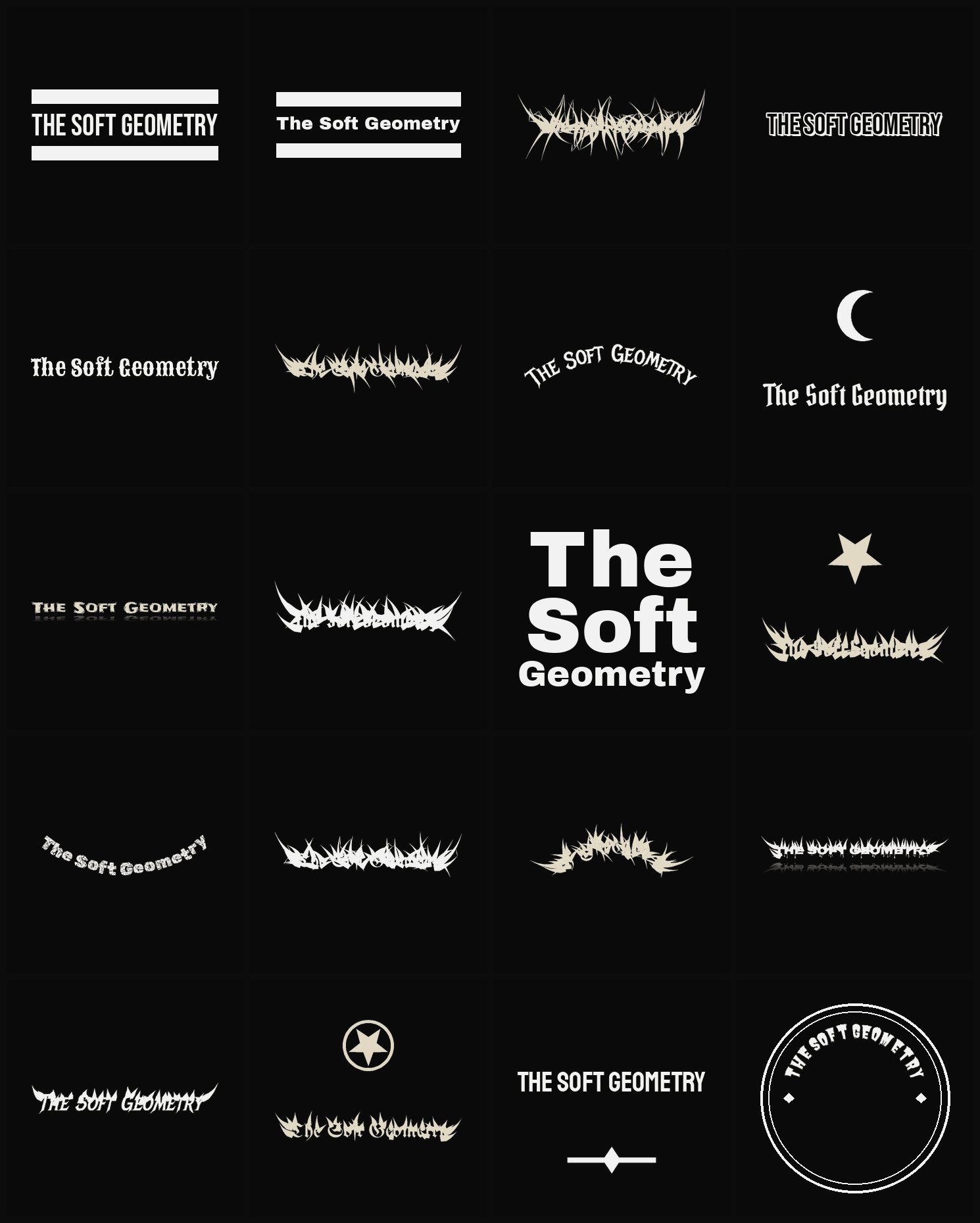 Twenty The Soft Geometry band logo ideas — different faces, treatments and spike settings