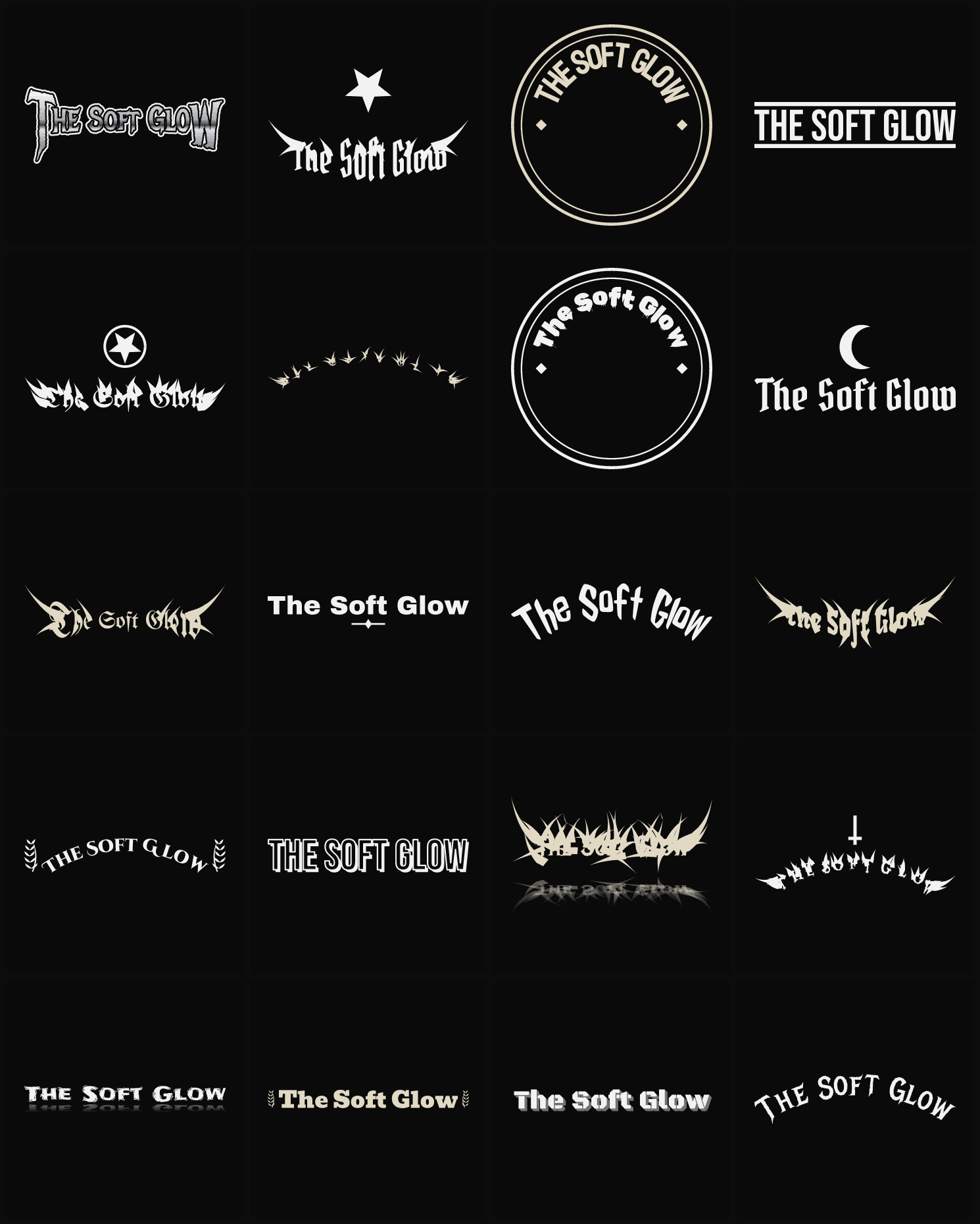 Twenty The Soft Glow band logo ideas — different faces, treatments and spike settings