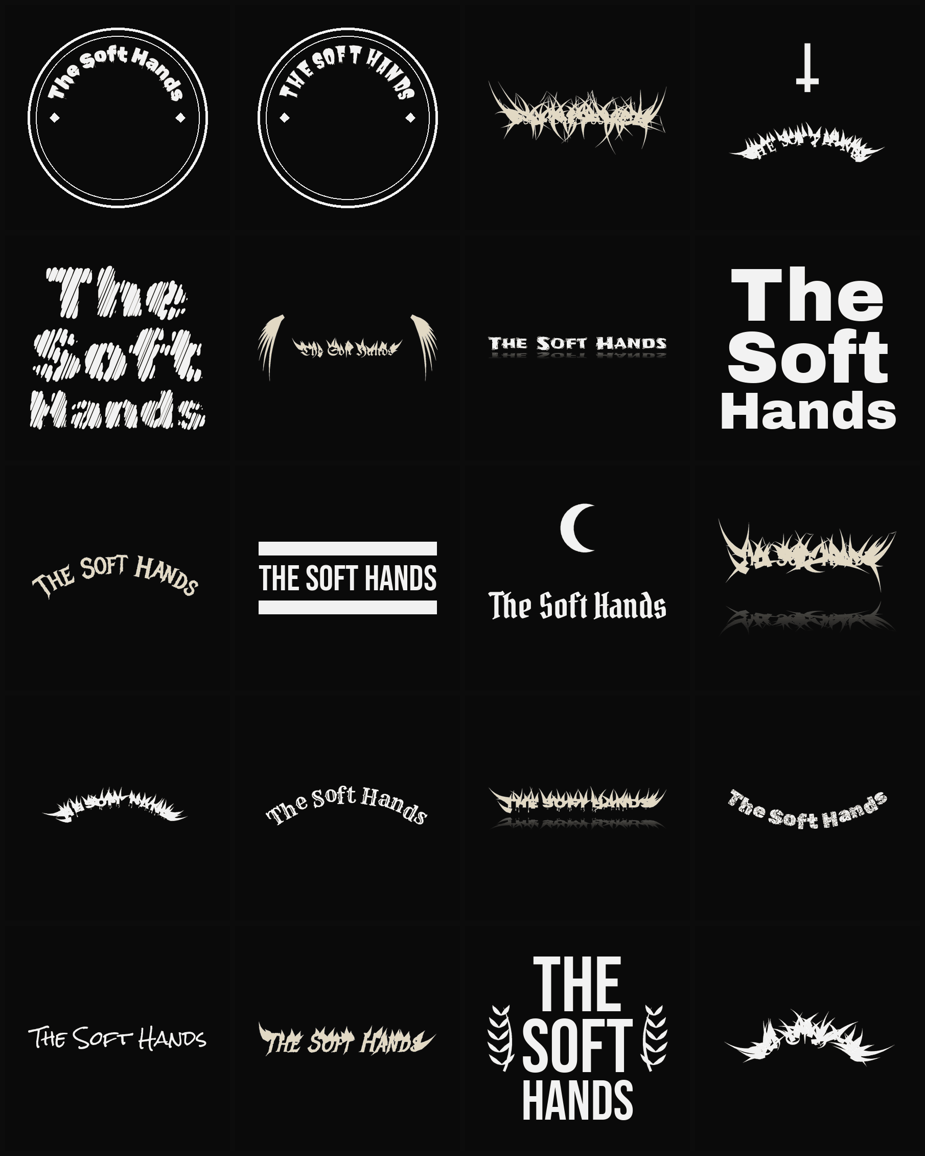 Twenty The Soft Hands band logo ideas — different faces, treatments and spike settings
