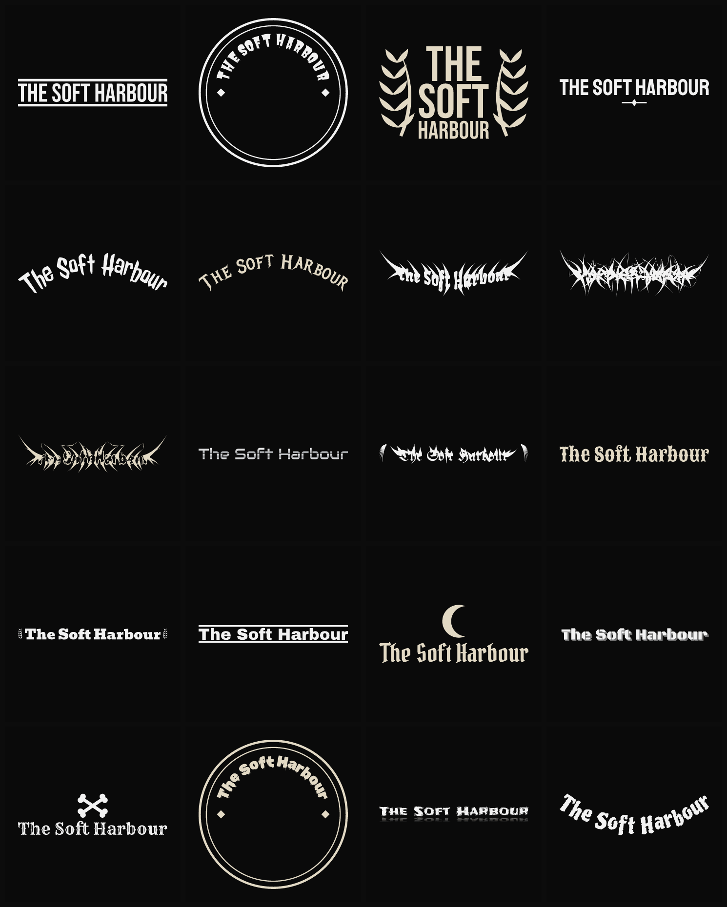 Twenty The Soft Harbour band logo ideas — different faces, treatments and spike settings