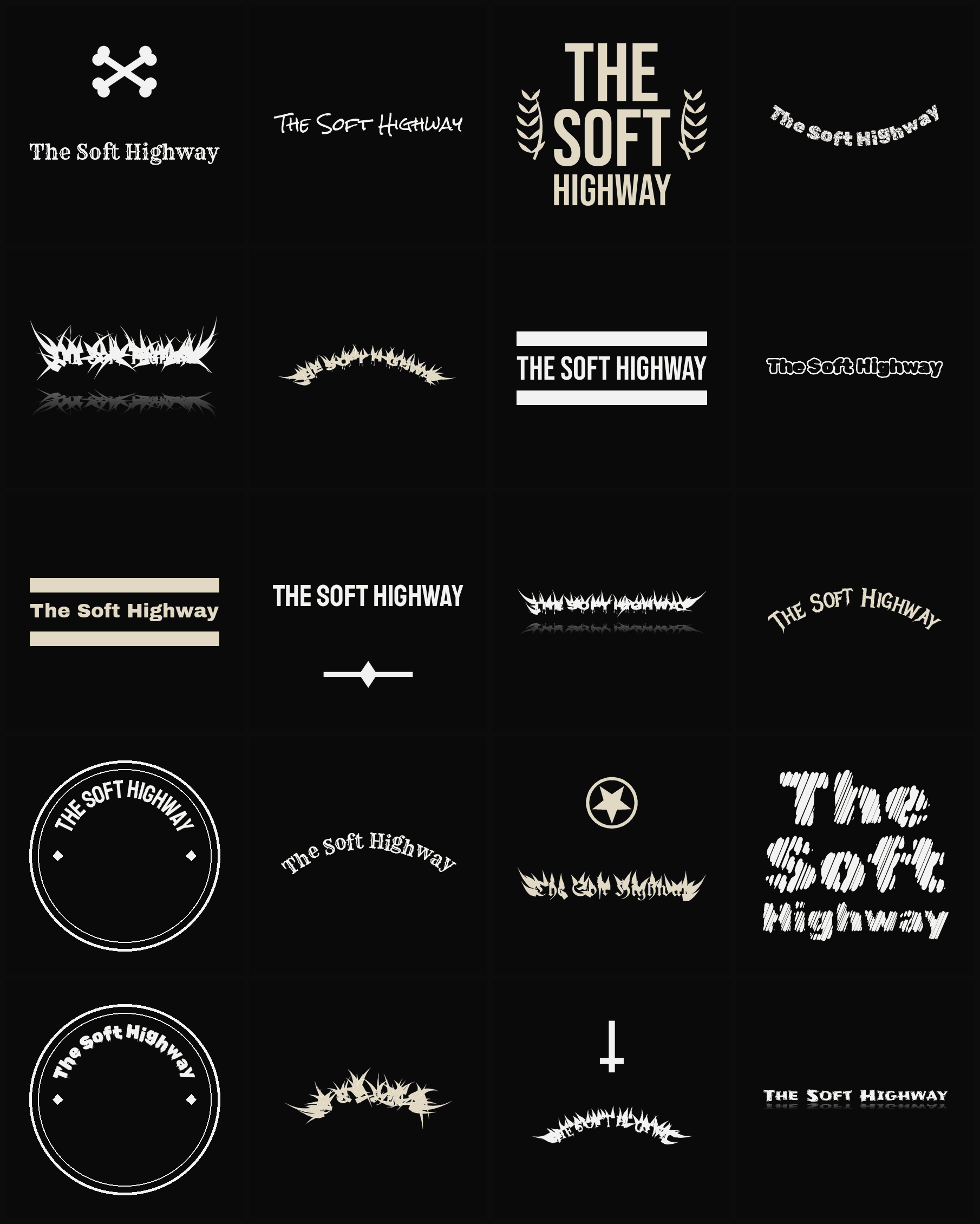 Twenty The Soft Highway band logo ideas — different faces, treatments and spike settings