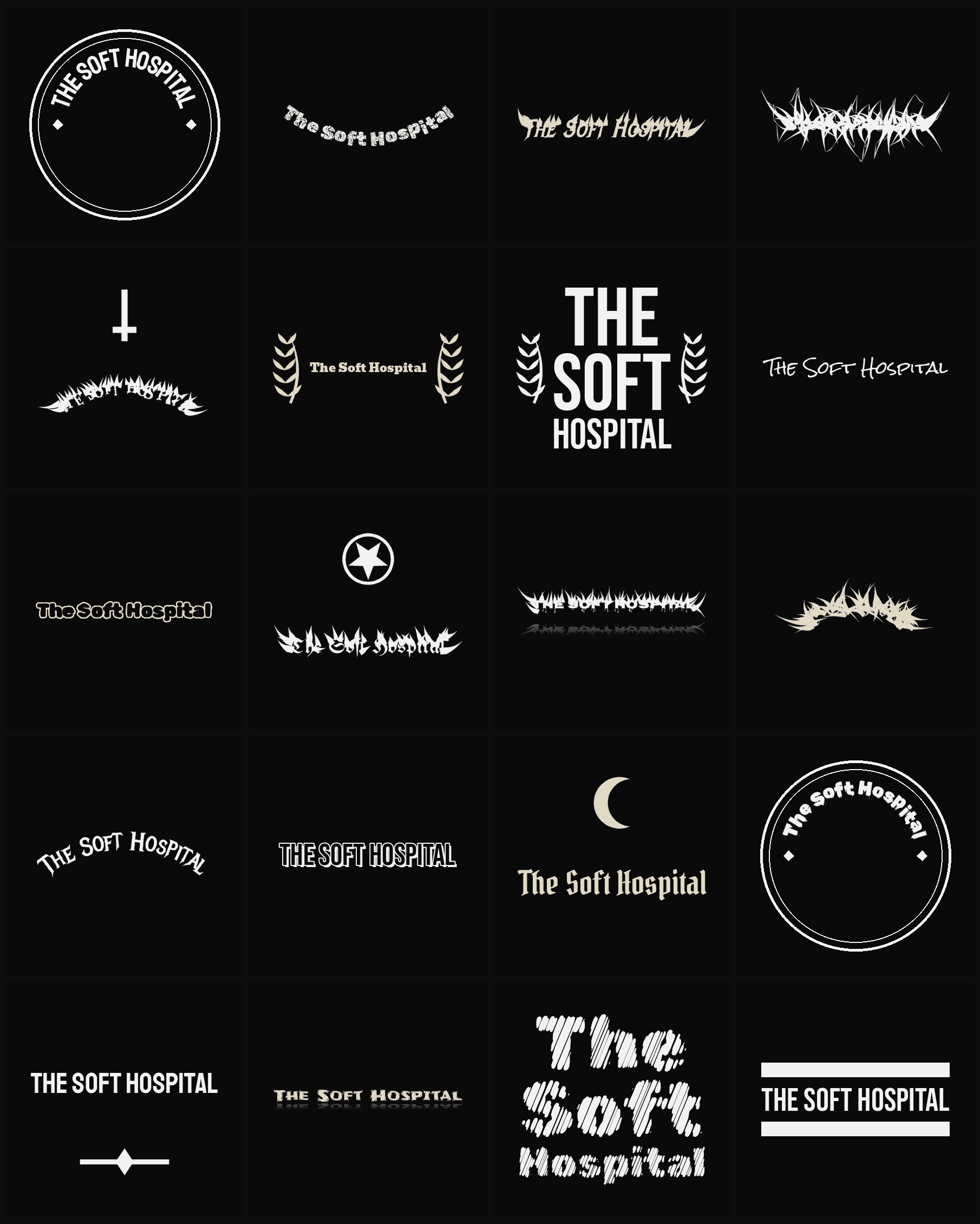 Twenty The Soft Hospital band logo ideas — different faces, treatments and spike settings