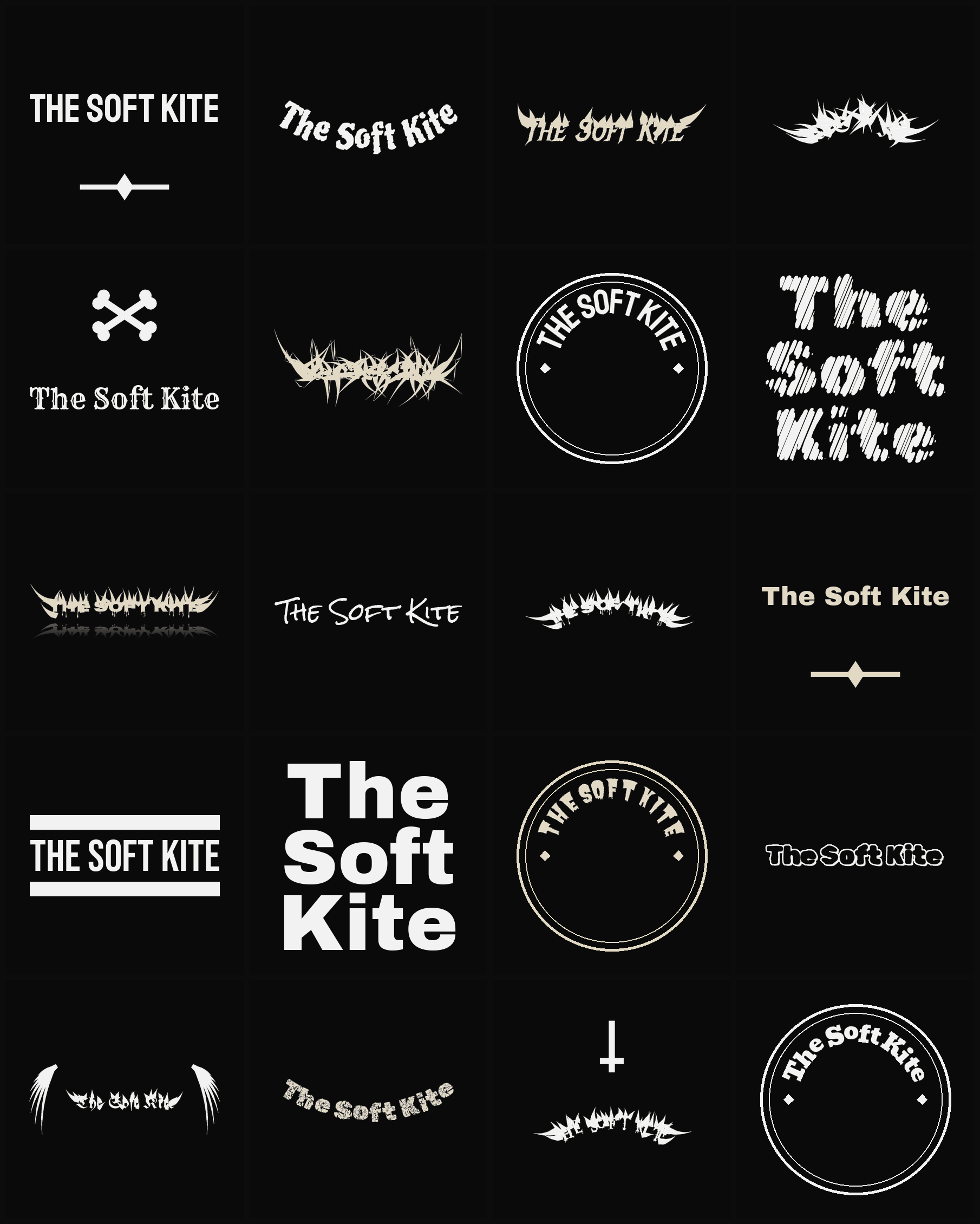 Twenty The Soft Kite band logo ideas — different faces, treatments and spike settings
