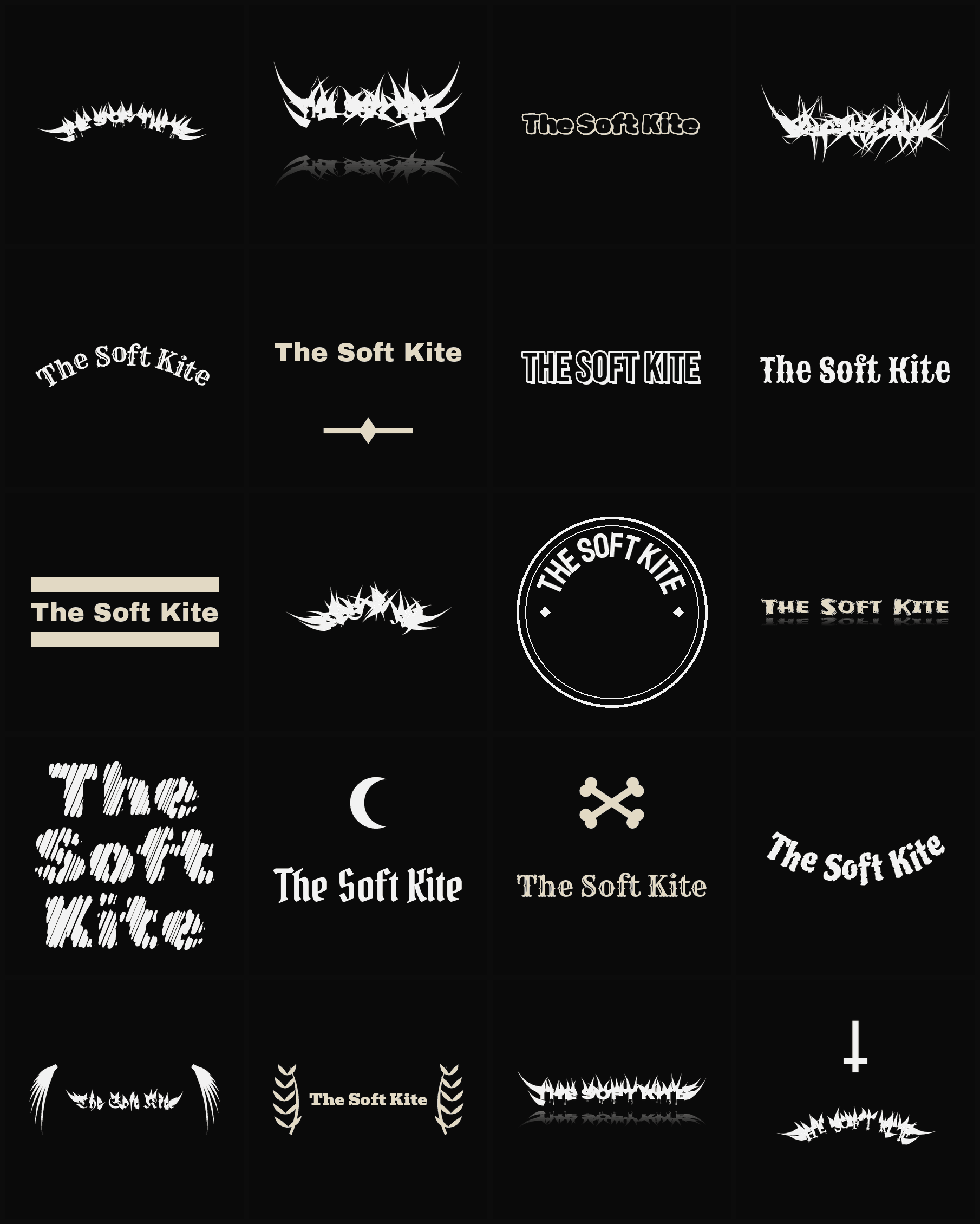 Twenty The Soft Kite band logo ideas — different faces, treatments and spike settings