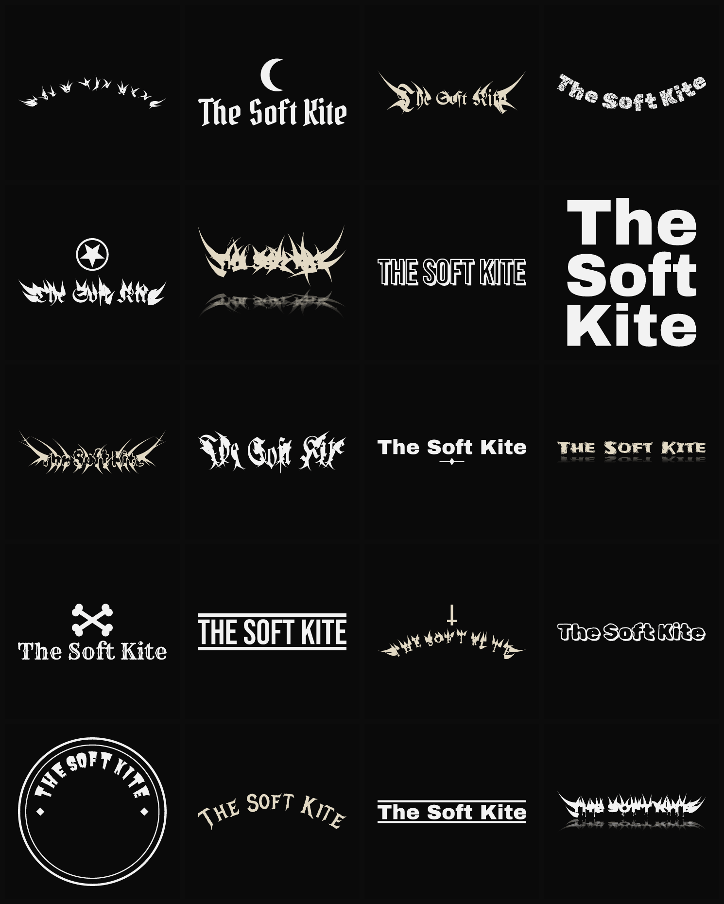 Twenty The Soft Kite band logo ideas — different faces, treatments and spike settings