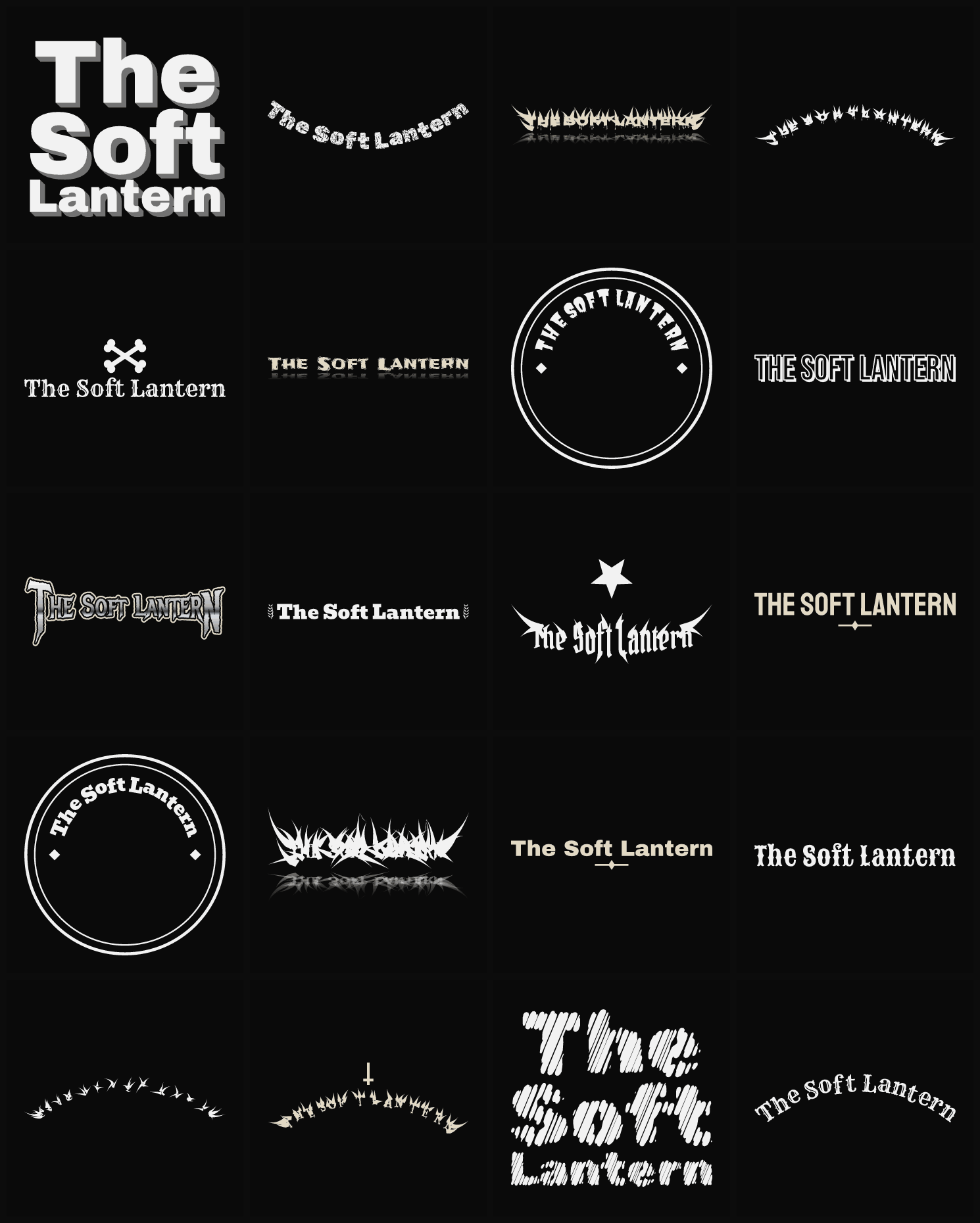 Twenty The Soft Lantern band logo ideas — different faces, treatments and spike settings