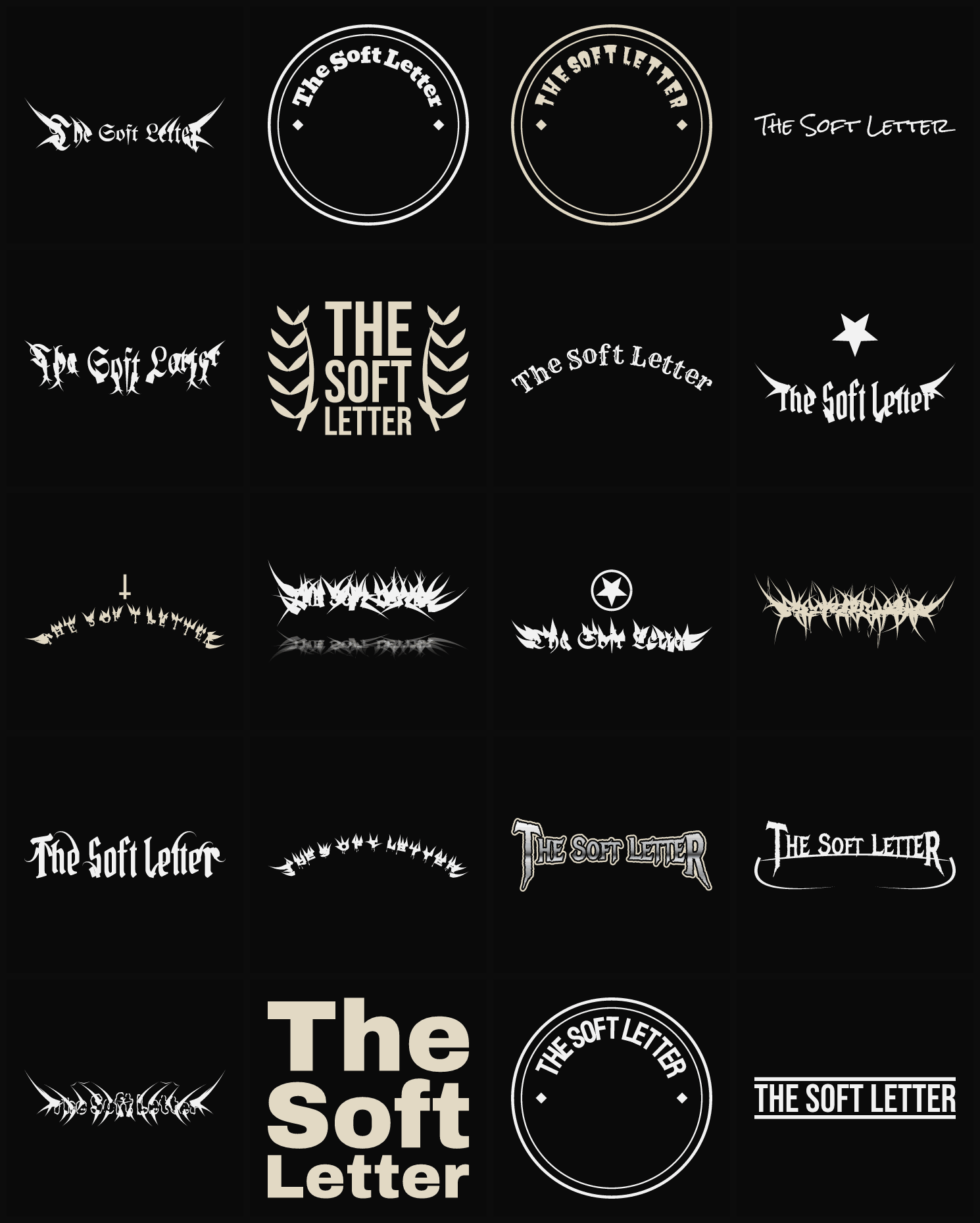Twenty The Soft Letter band logo ideas — different faces, treatments and spike settings