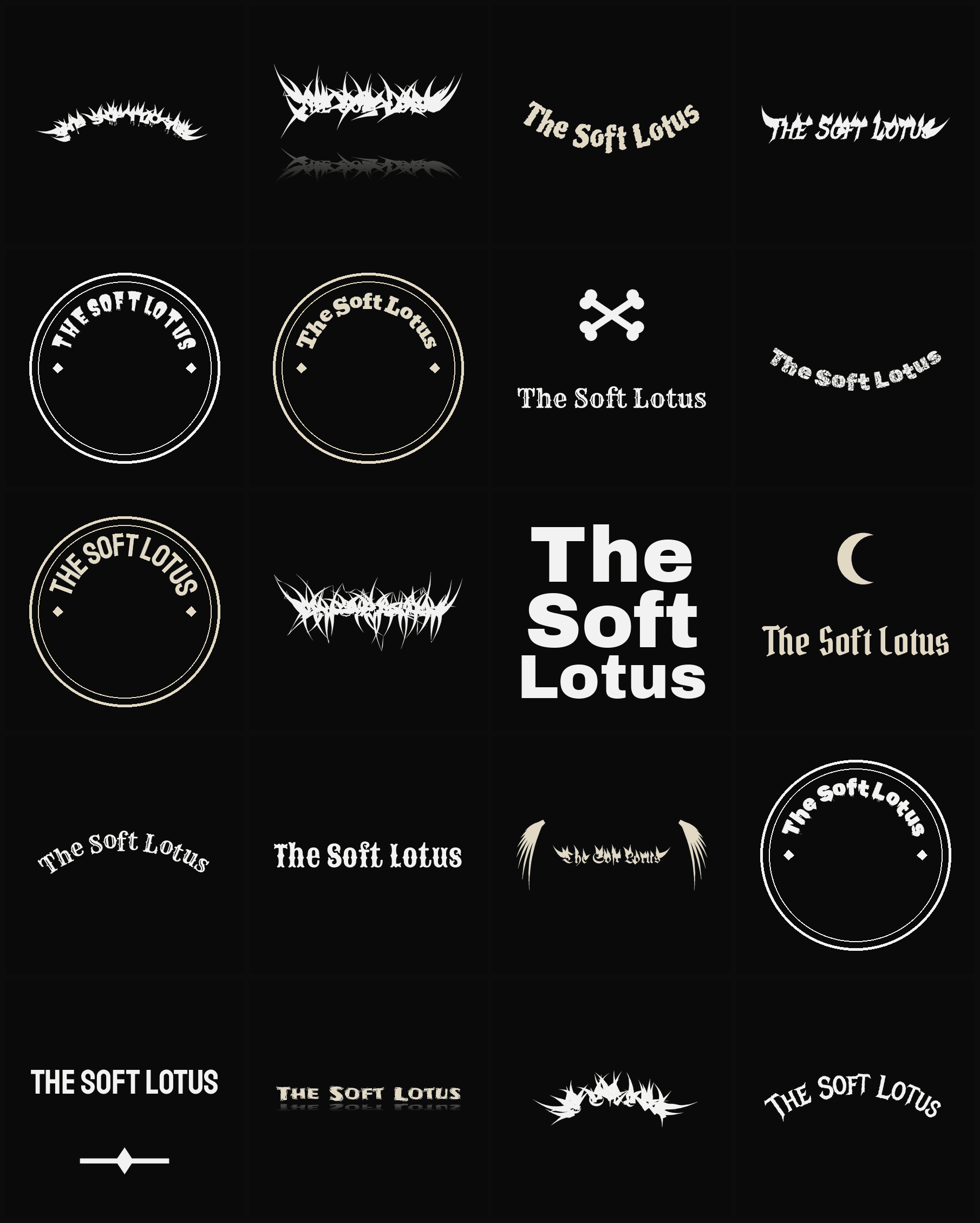 Twenty The Soft Lotus band logo ideas — different faces, treatments and spike settings