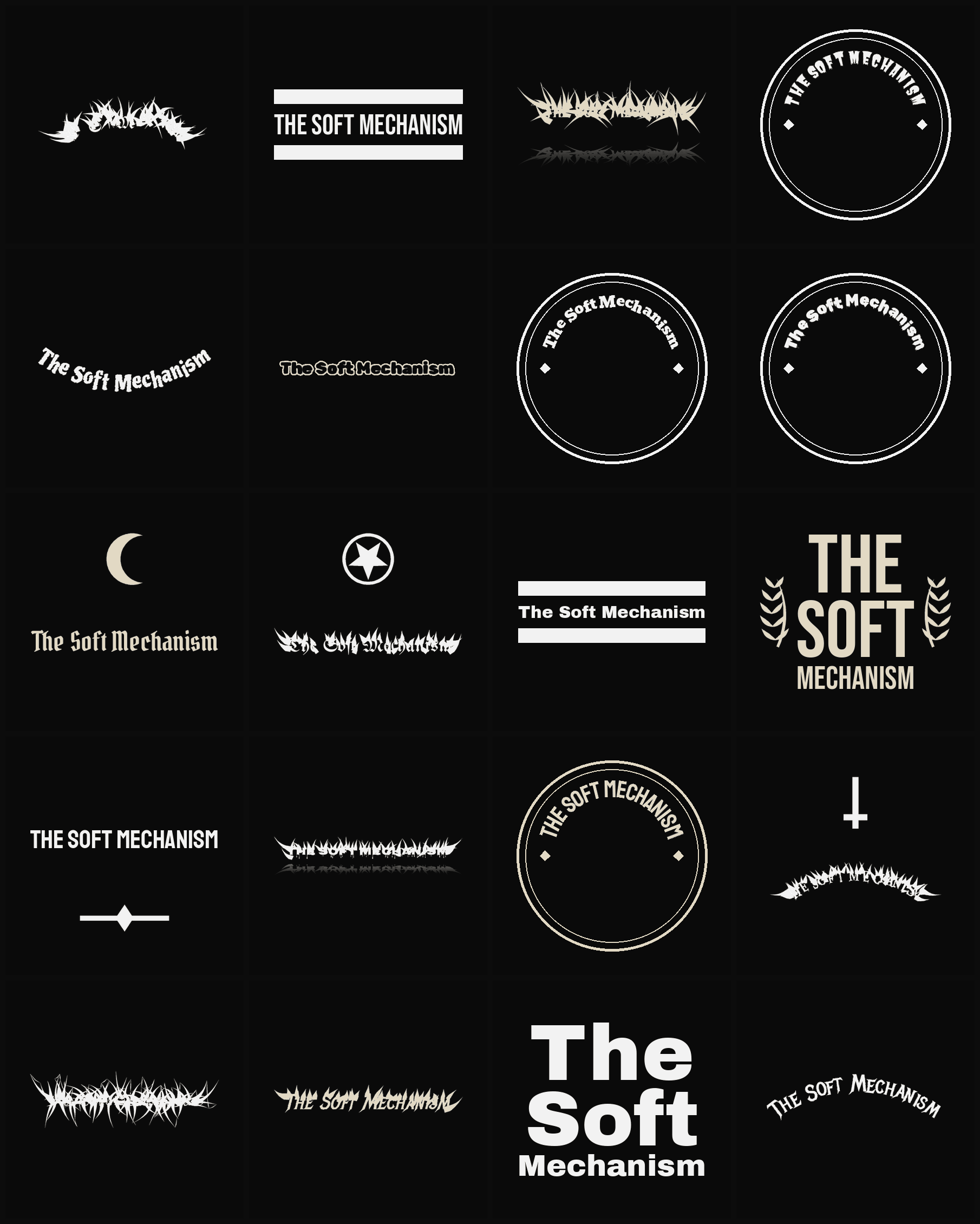 Twenty The Soft Mechanism band logo ideas — different faces, treatments and spike settings