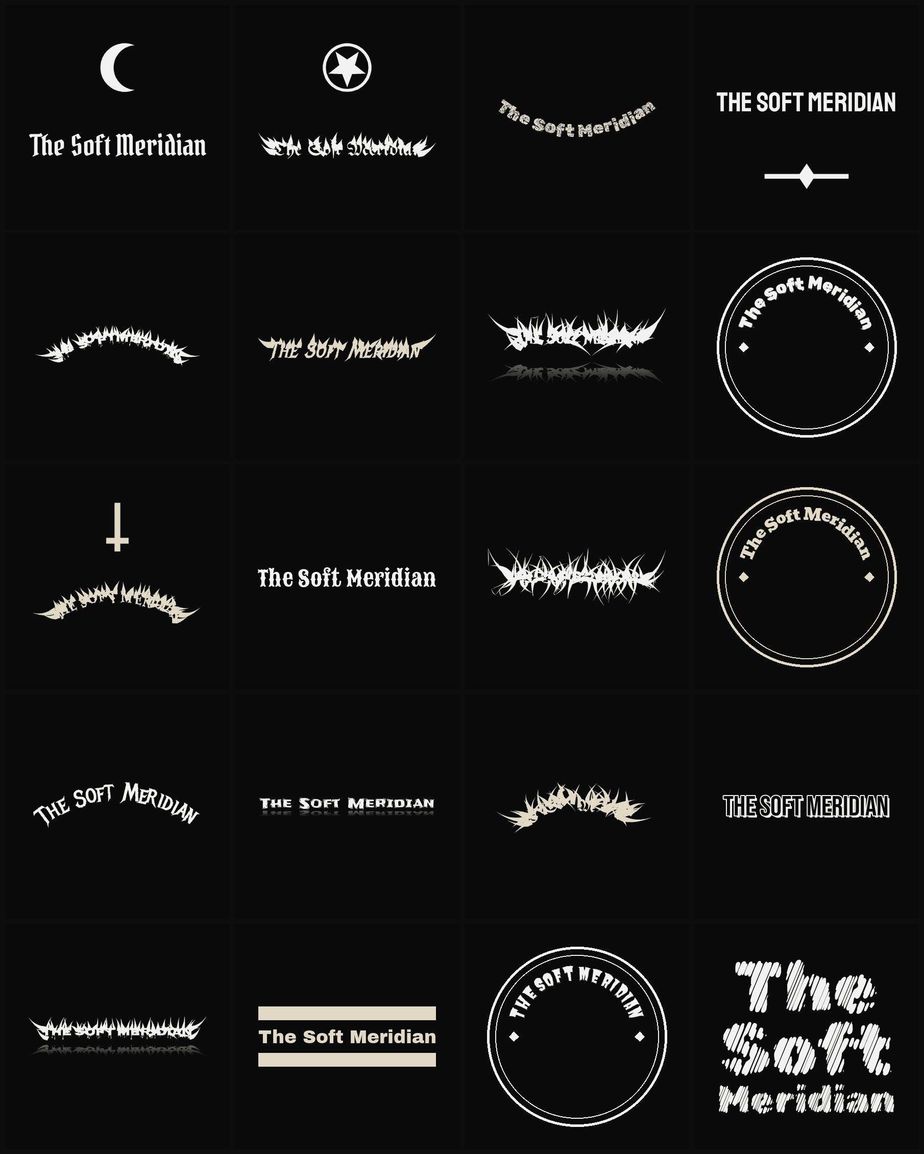 Twenty The Soft Meridian band logo ideas — different faces, treatments and spike settings
