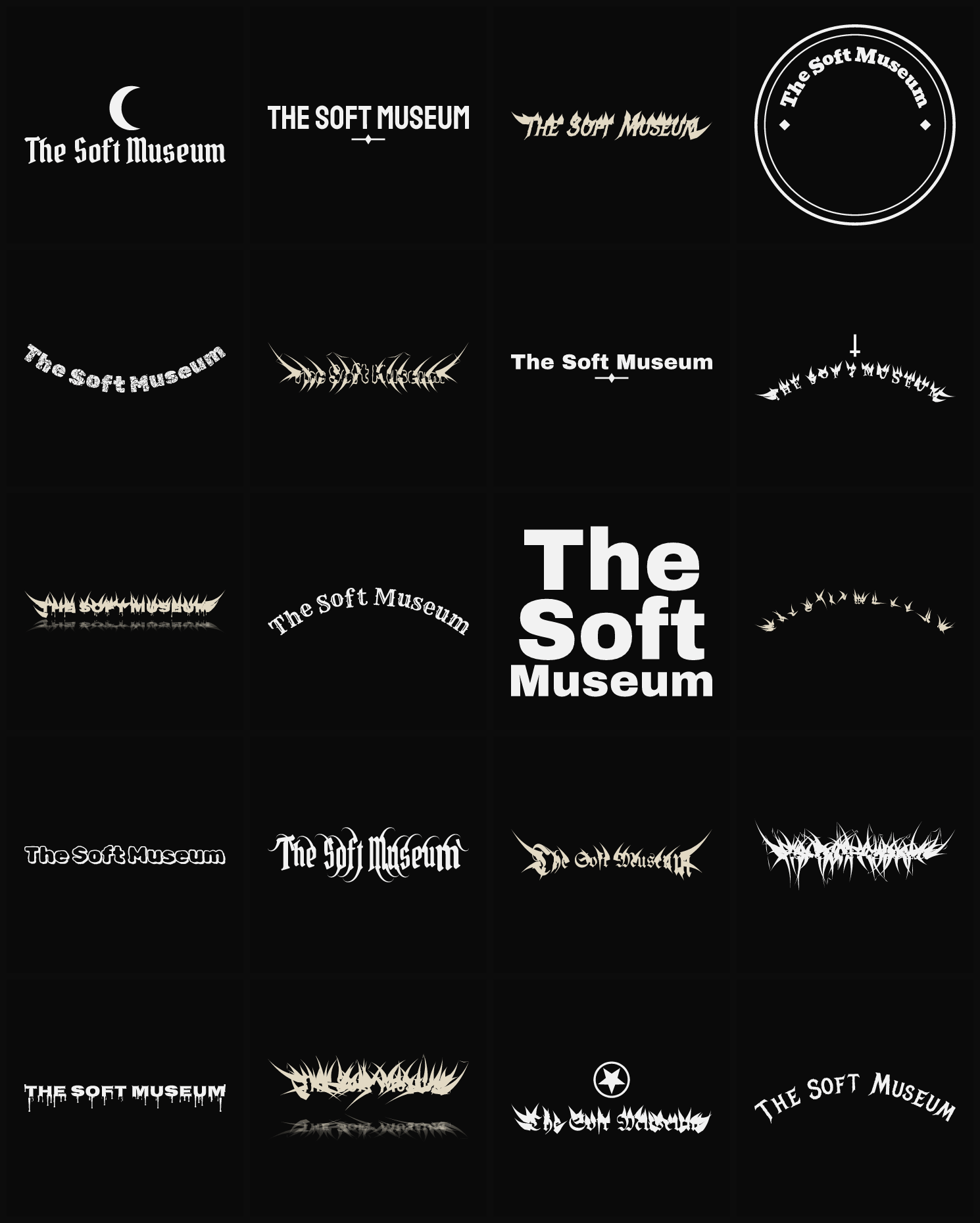 Twenty The Soft Museum band logo ideas — different faces, treatments and spike settings