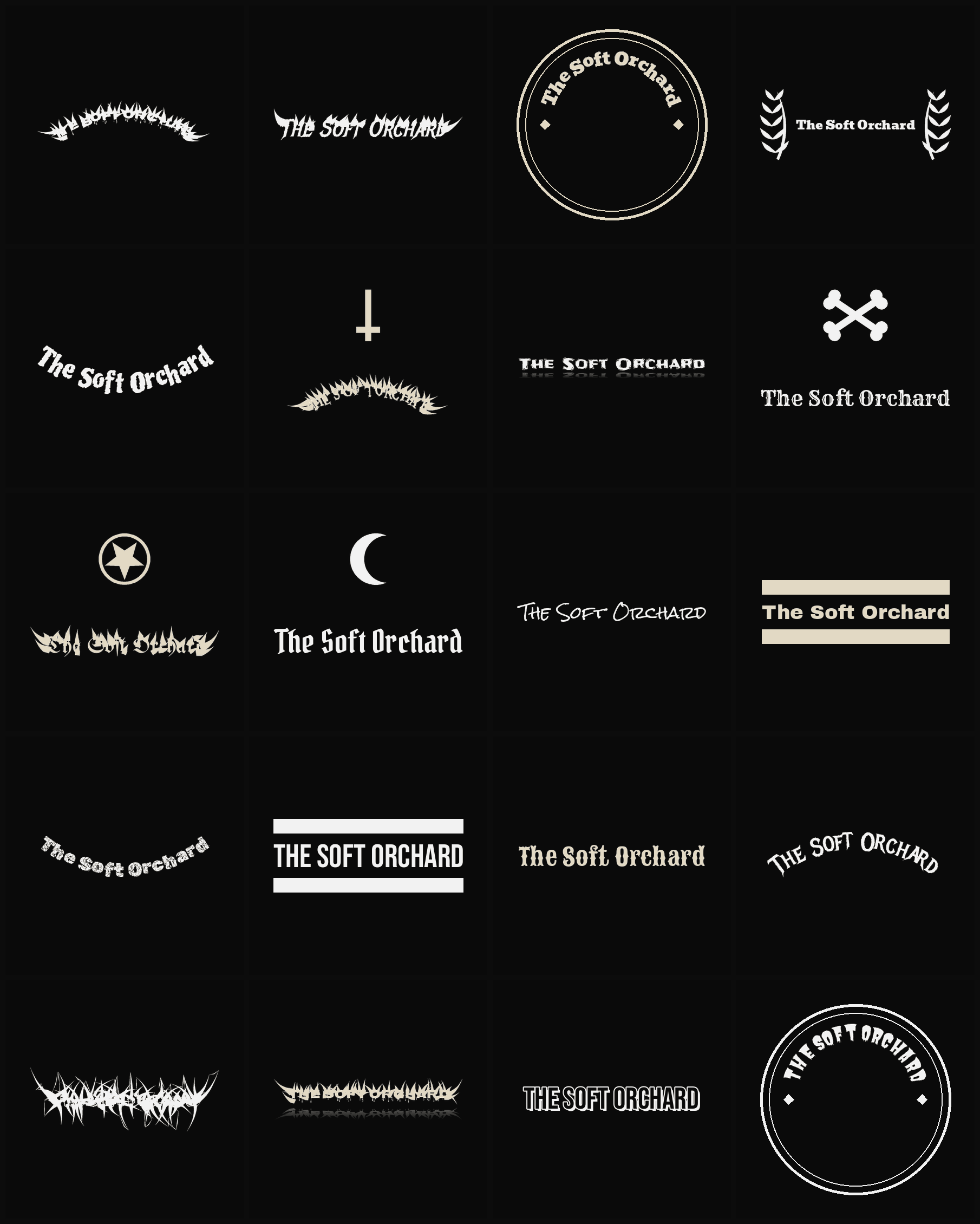 Twenty The Soft Orchard band logo ideas — different faces, treatments and spike settings