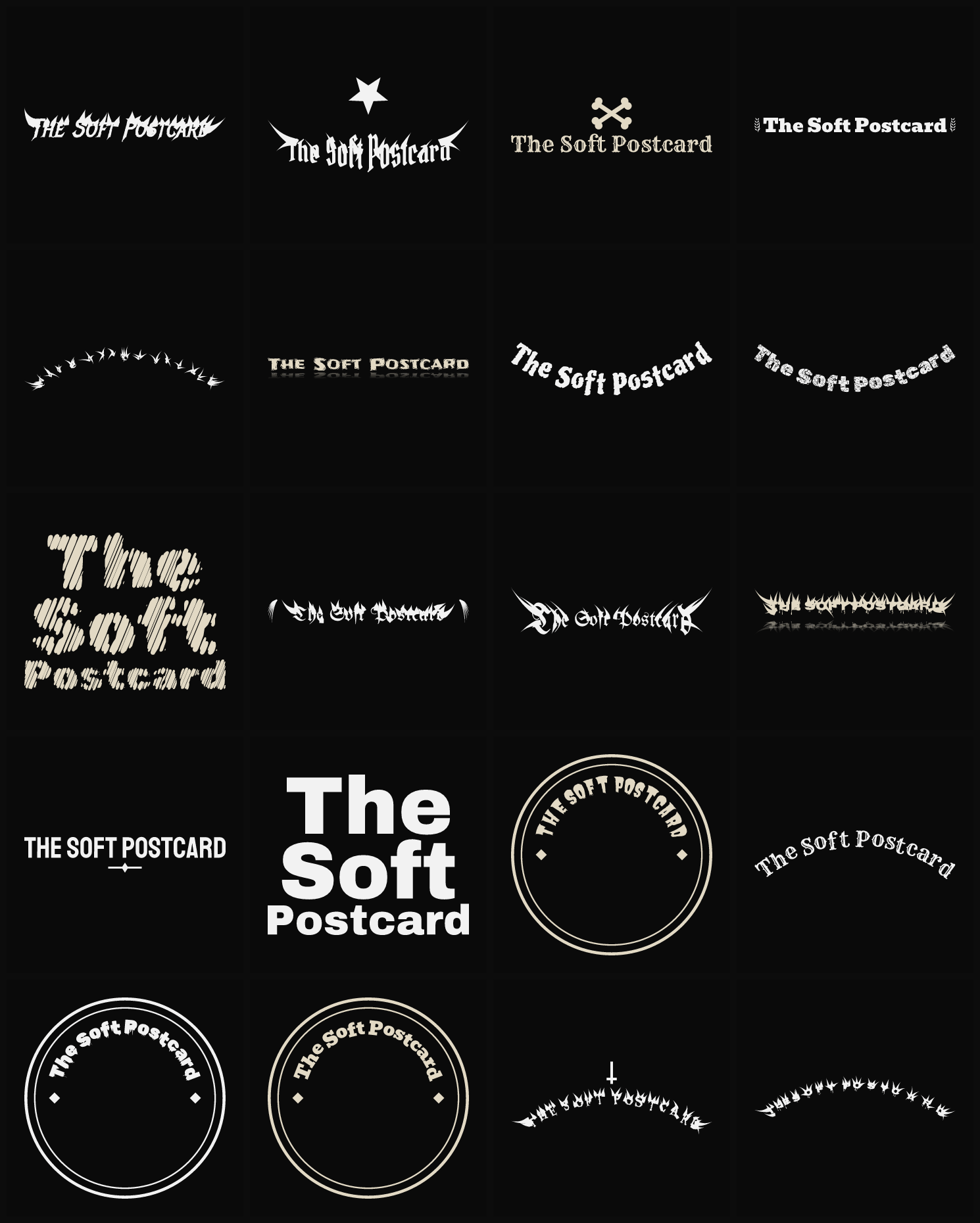 Twenty The Soft Postcard band logo ideas — different faces, treatments and spike settings
