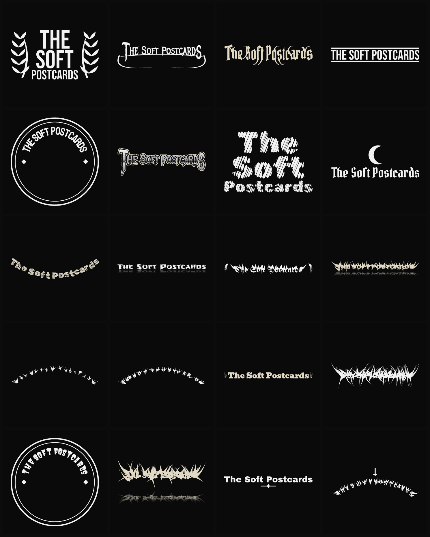 Twenty The Soft Postcards band logo ideas — different faces, treatments and spike settings