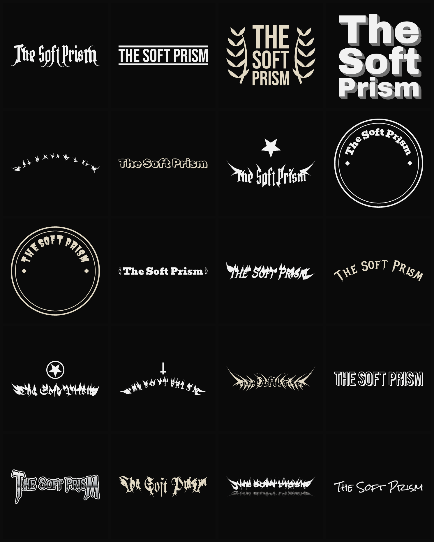 Twenty The Soft Prism band logo ideas — different faces, treatments and spike settings
