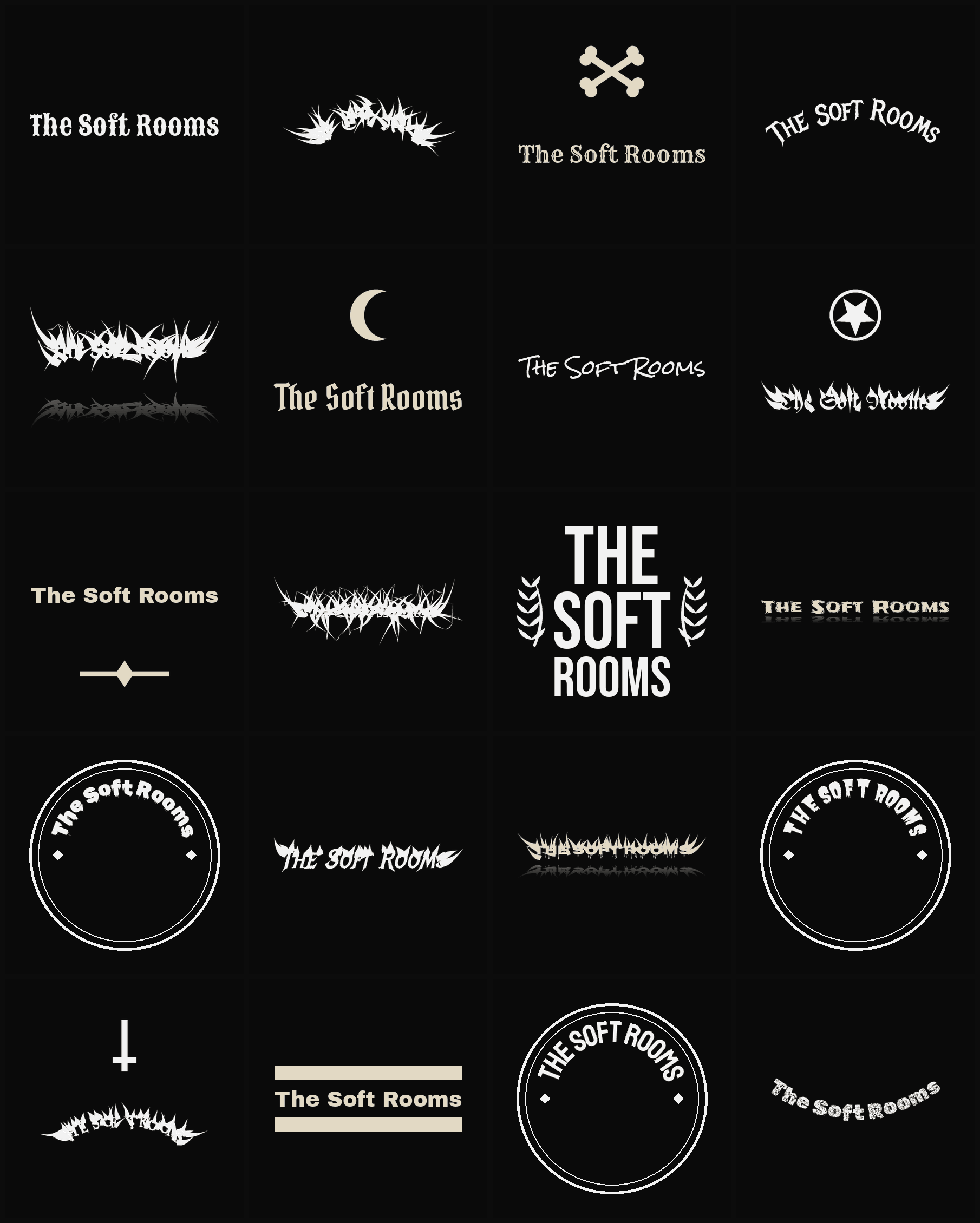 Twenty The Soft Rooms band logo ideas — different faces, treatments and spike settings