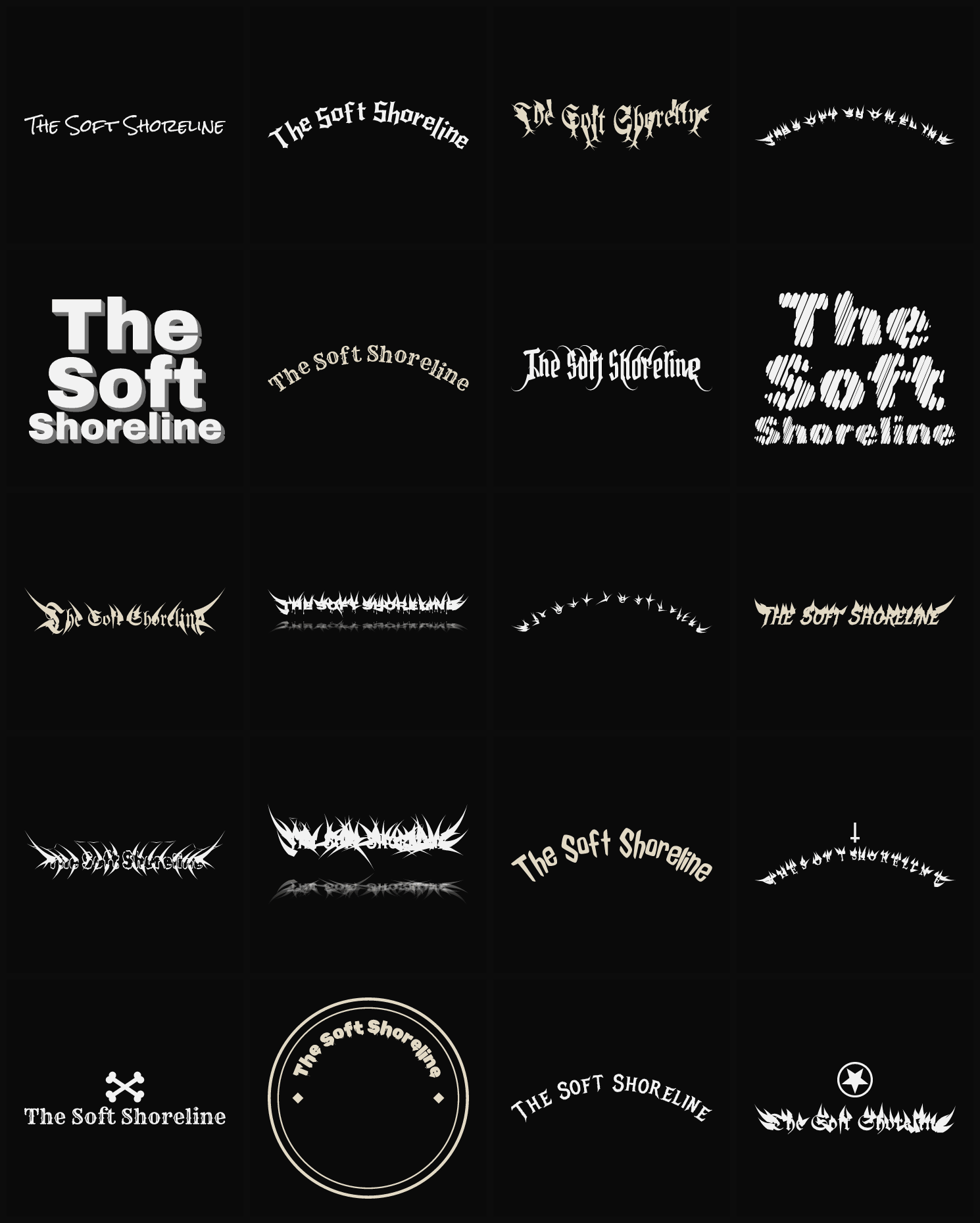 Twenty The Soft Shoreline band logo ideas — different faces, treatments and spike settings
