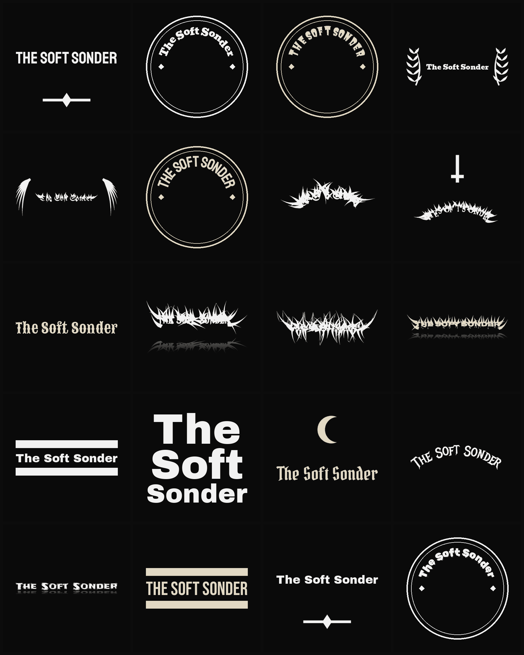 Twenty The Soft Sonder band logo ideas — different faces, treatments and spike settings