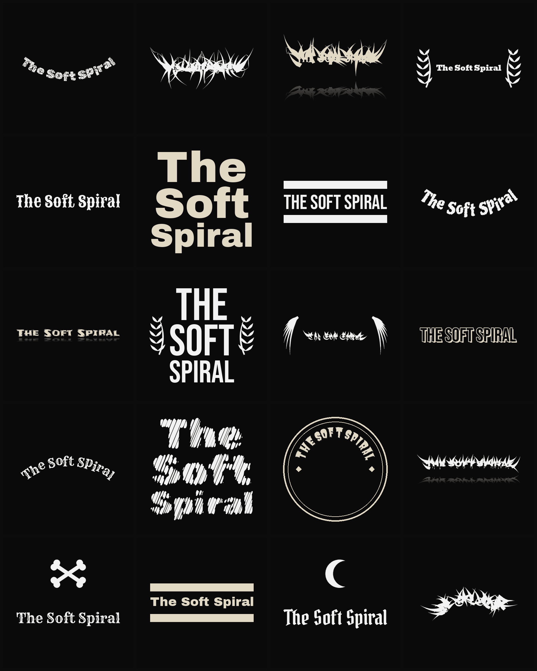 Twenty The Soft Spiral band logo ideas — different faces, treatments and spike settings