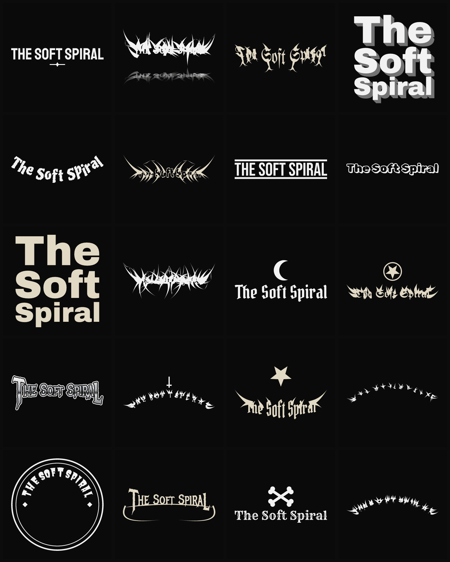 Twenty The Soft Spiral band logo ideas — different faces, treatments and spike settings