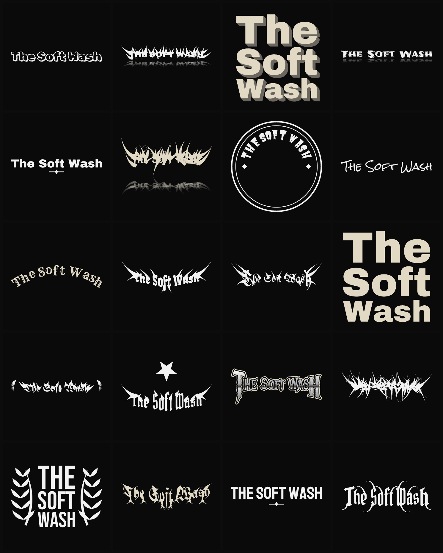 Twenty The Soft Wash band logo ideas — different faces, treatments and spike settings