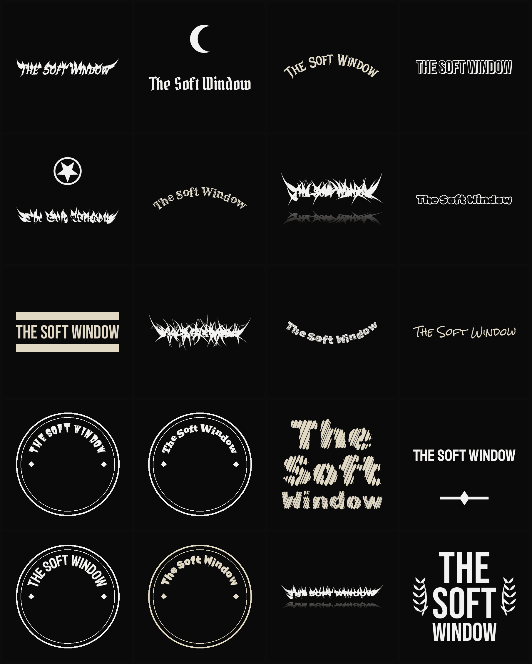 Twenty The Soft Window band logo ideas — different faces, treatments and spike settings