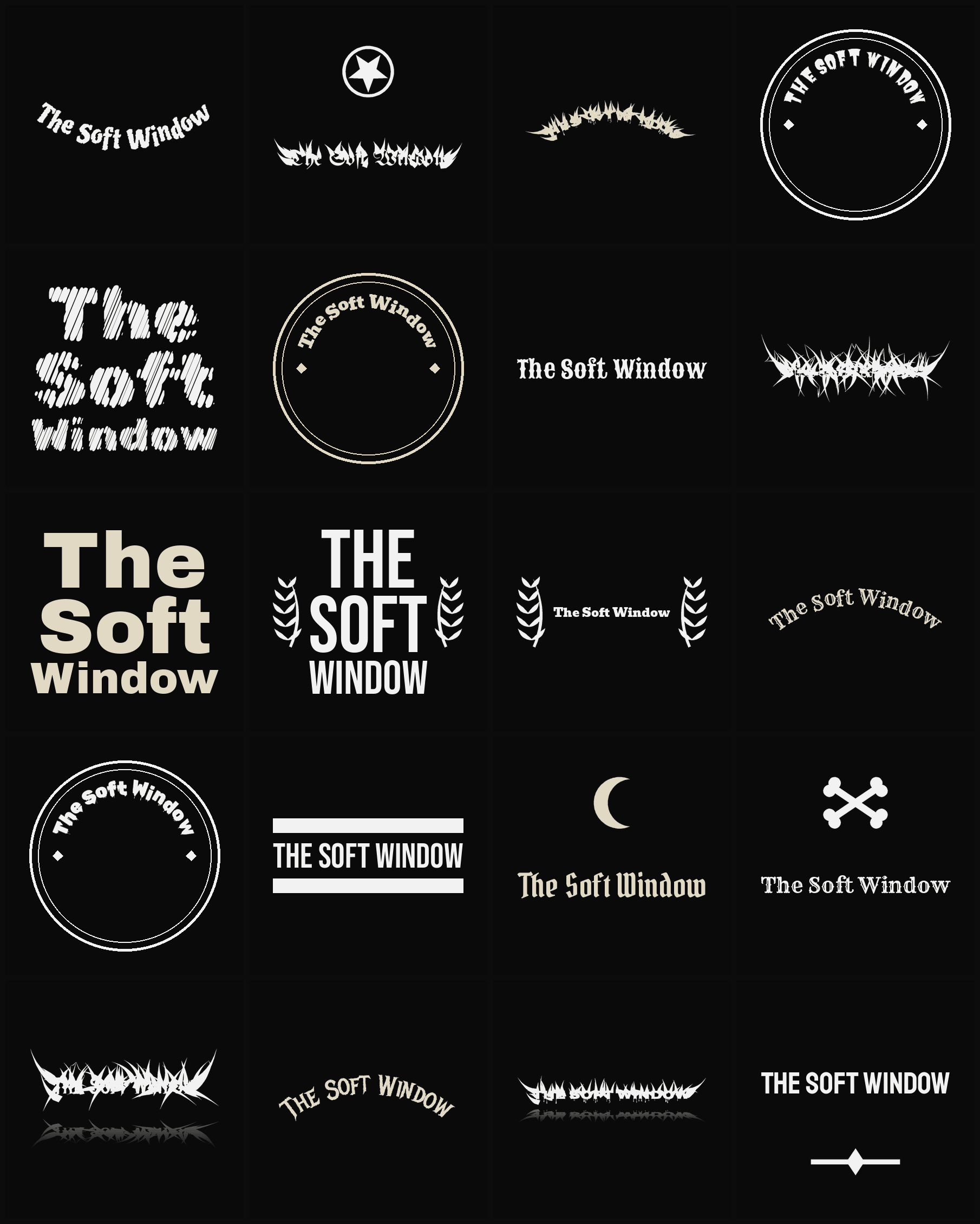 Twenty The Soft Window band logo ideas — different faces, treatments and spike settings