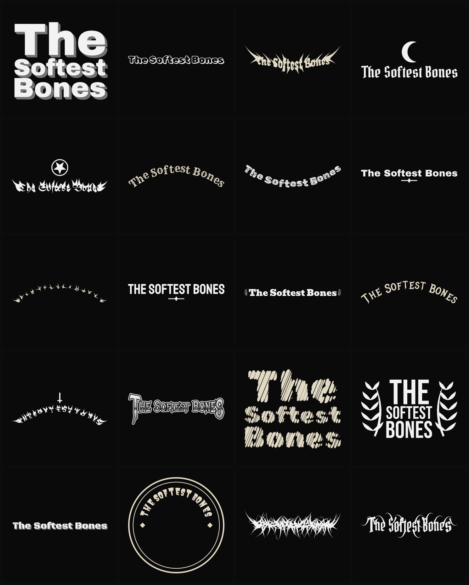 Twenty The Softest Bones band logo ideas — different faces, treatments and spike settings