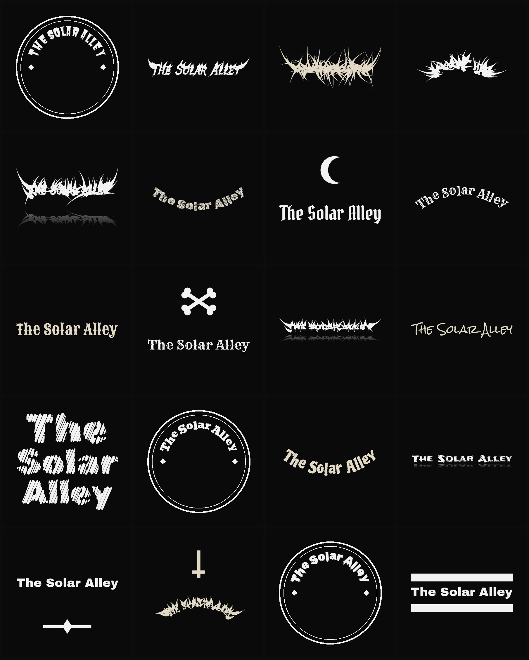 Twenty The Solar Alley band logo ideas — different faces, treatments and spike settings