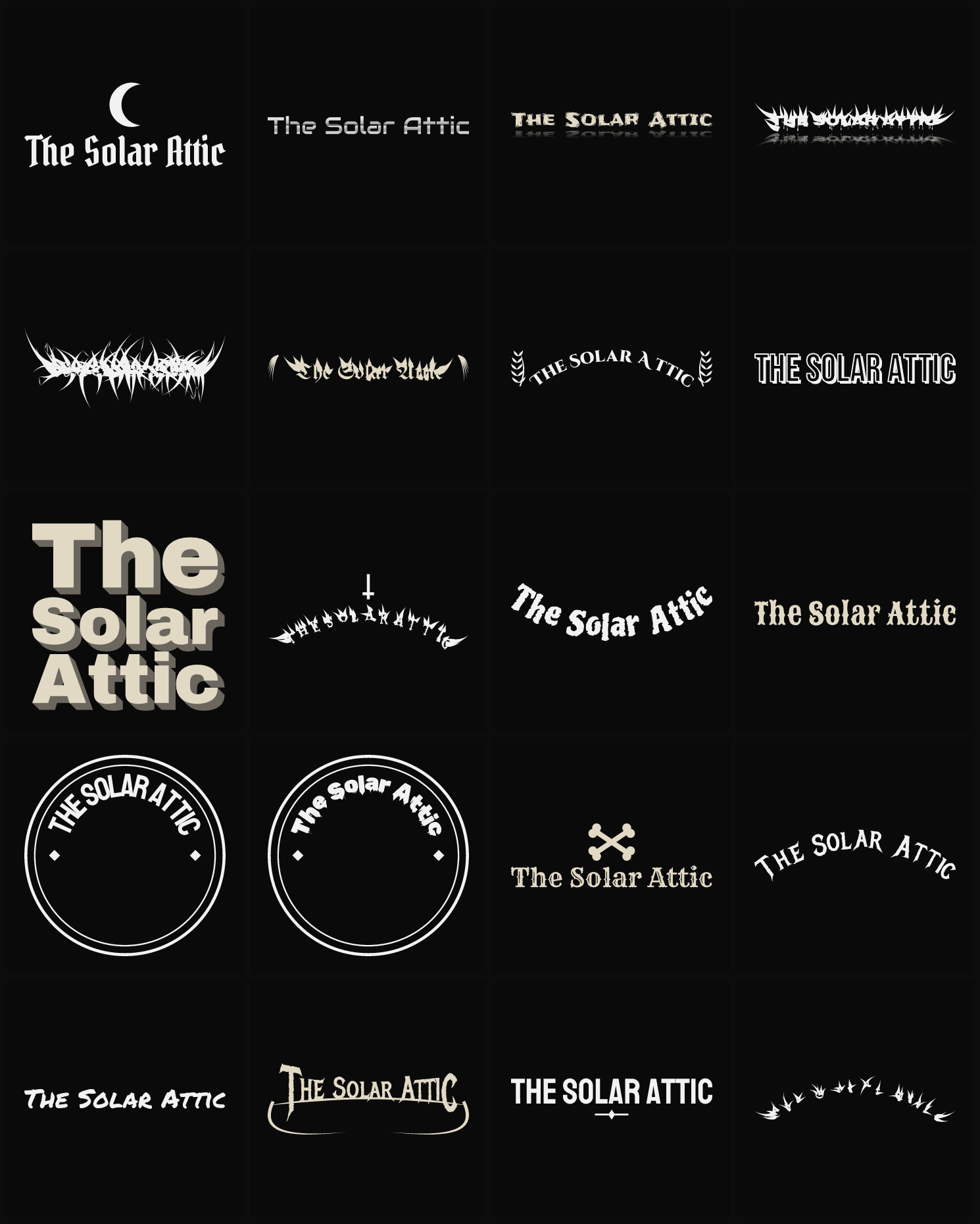 Twenty The Solar Attic band logo ideas — different faces, treatments and spike settings