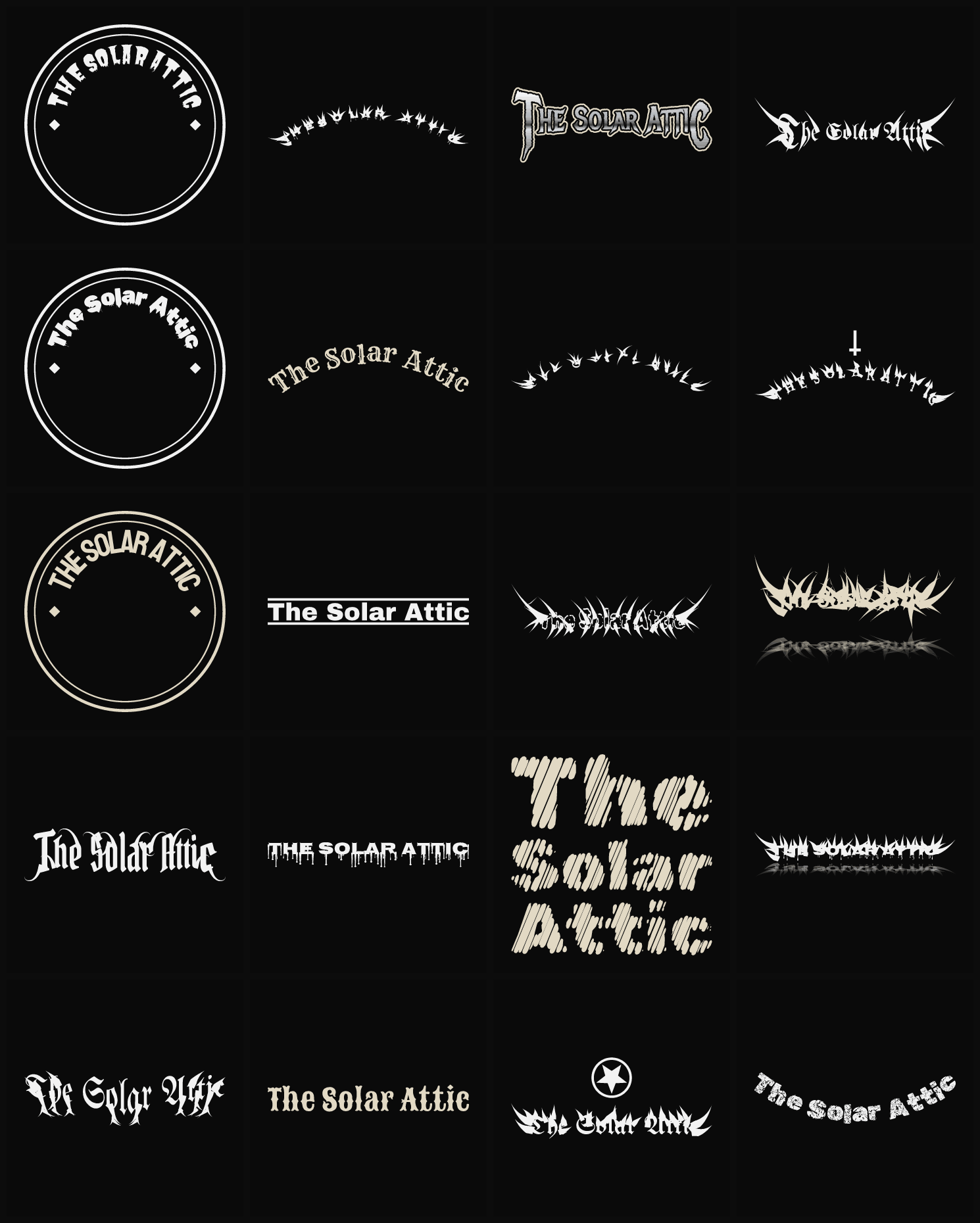 Twenty The Solar Attic band logo ideas — different faces, treatments and spike settings