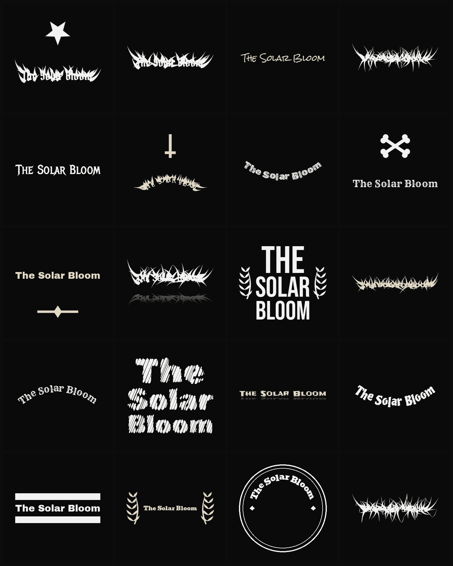 Twenty The Solar Bloom band logo ideas — different faces, treatments and spike settings