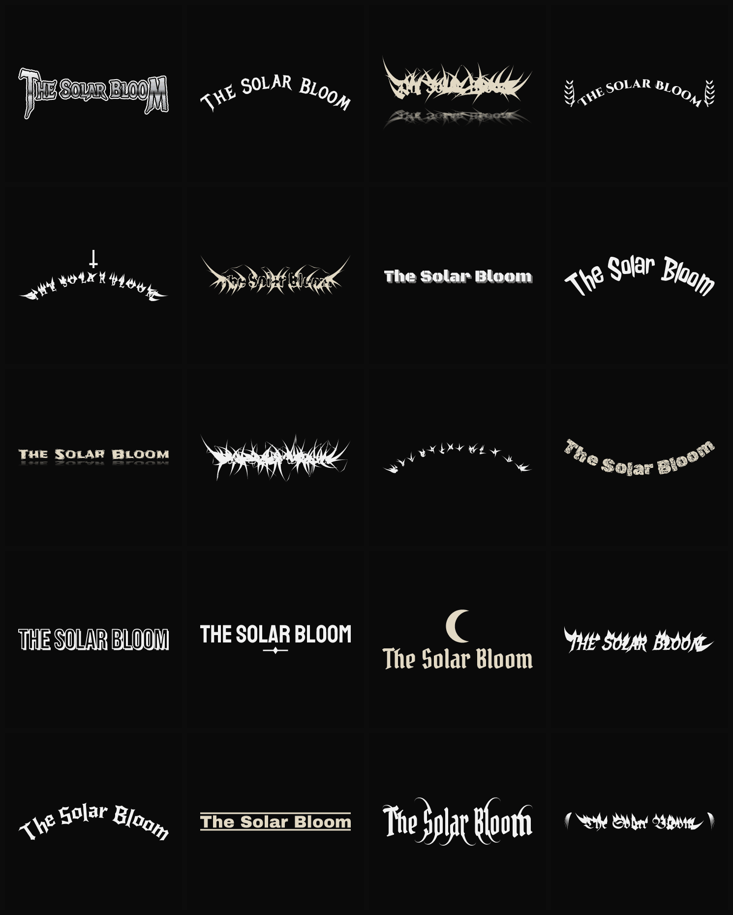 Twenty The Solar Bloom band logo ideas — different faces, treatments and spike settings
