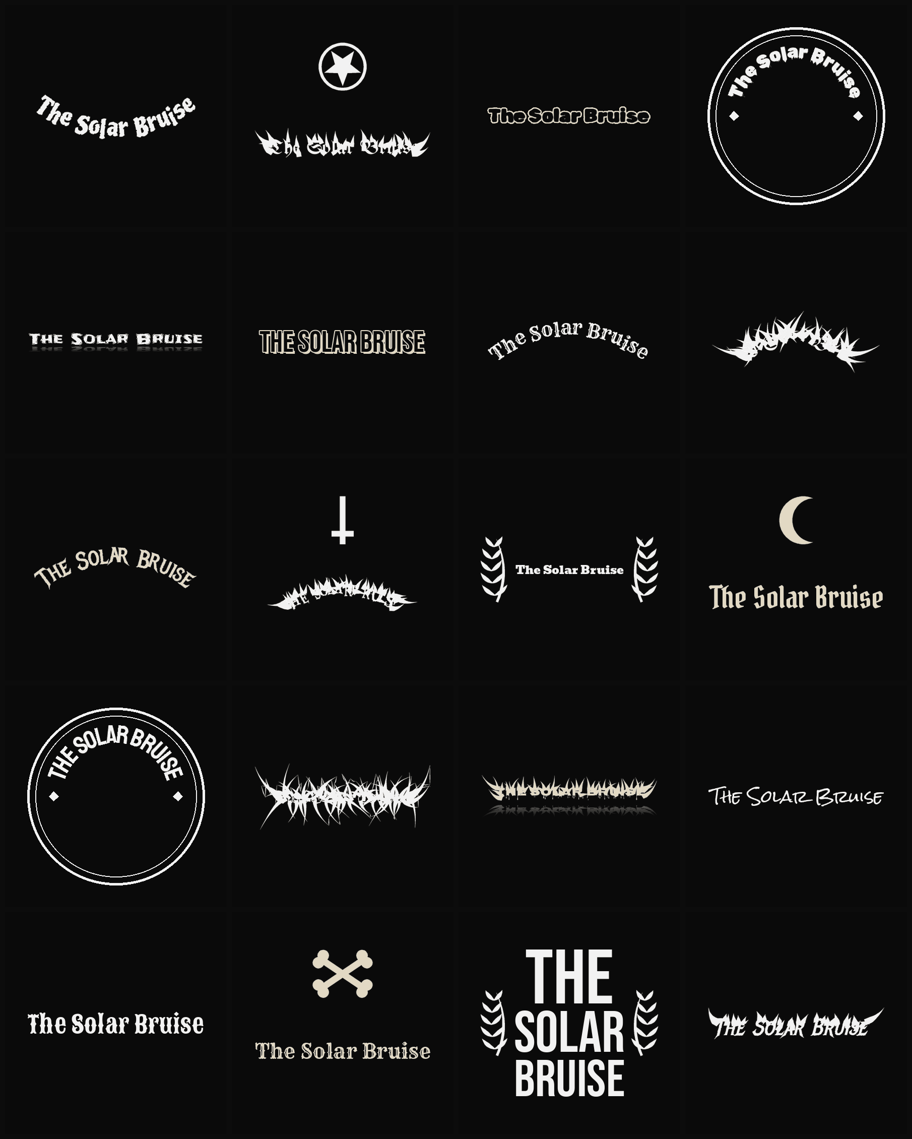 Twenty The Solar Bruise band logo ideas — different faces, treatments and spike settings