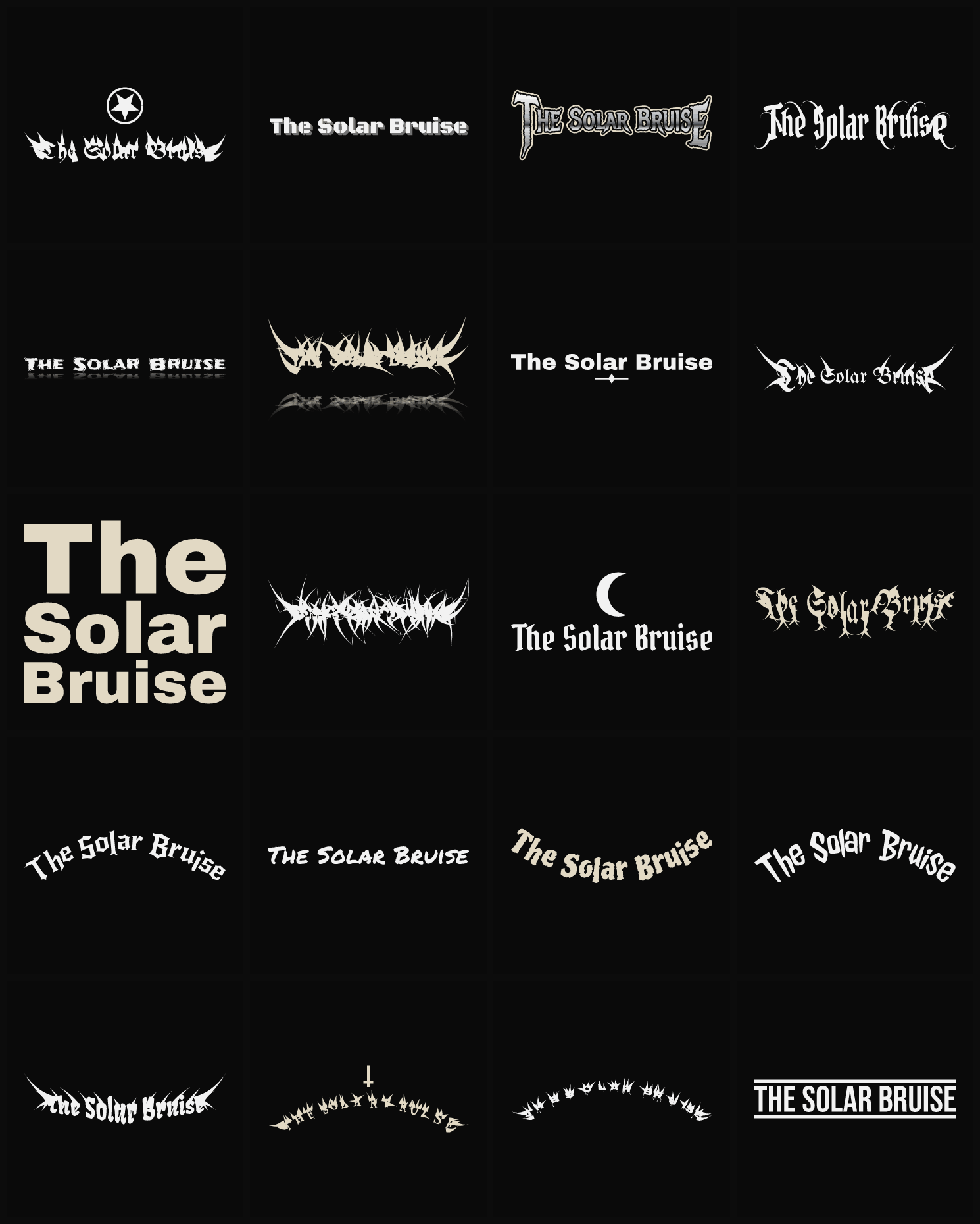 Twenty The Solar Bruise band logo ideas — different faces, treatments and spike settings