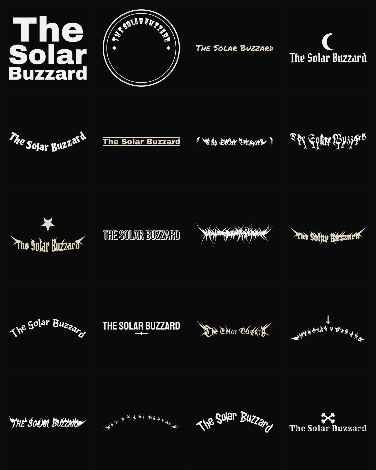 Twenty The Solar Buzzard band logo ideas — different faces, treatments and spike settings
