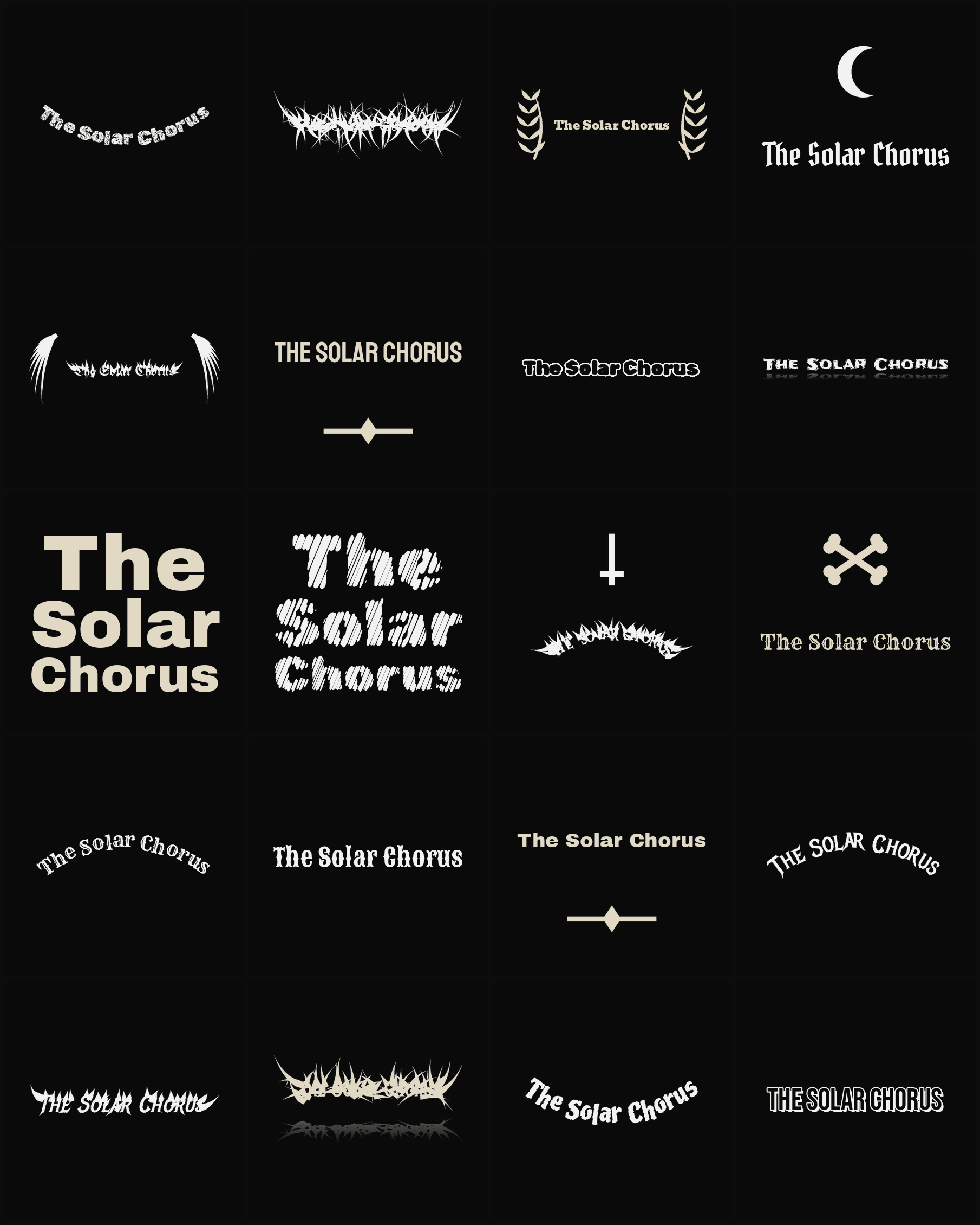 Twenty The Solar Chorus band logo ideas — different faces, treatments and spike settings