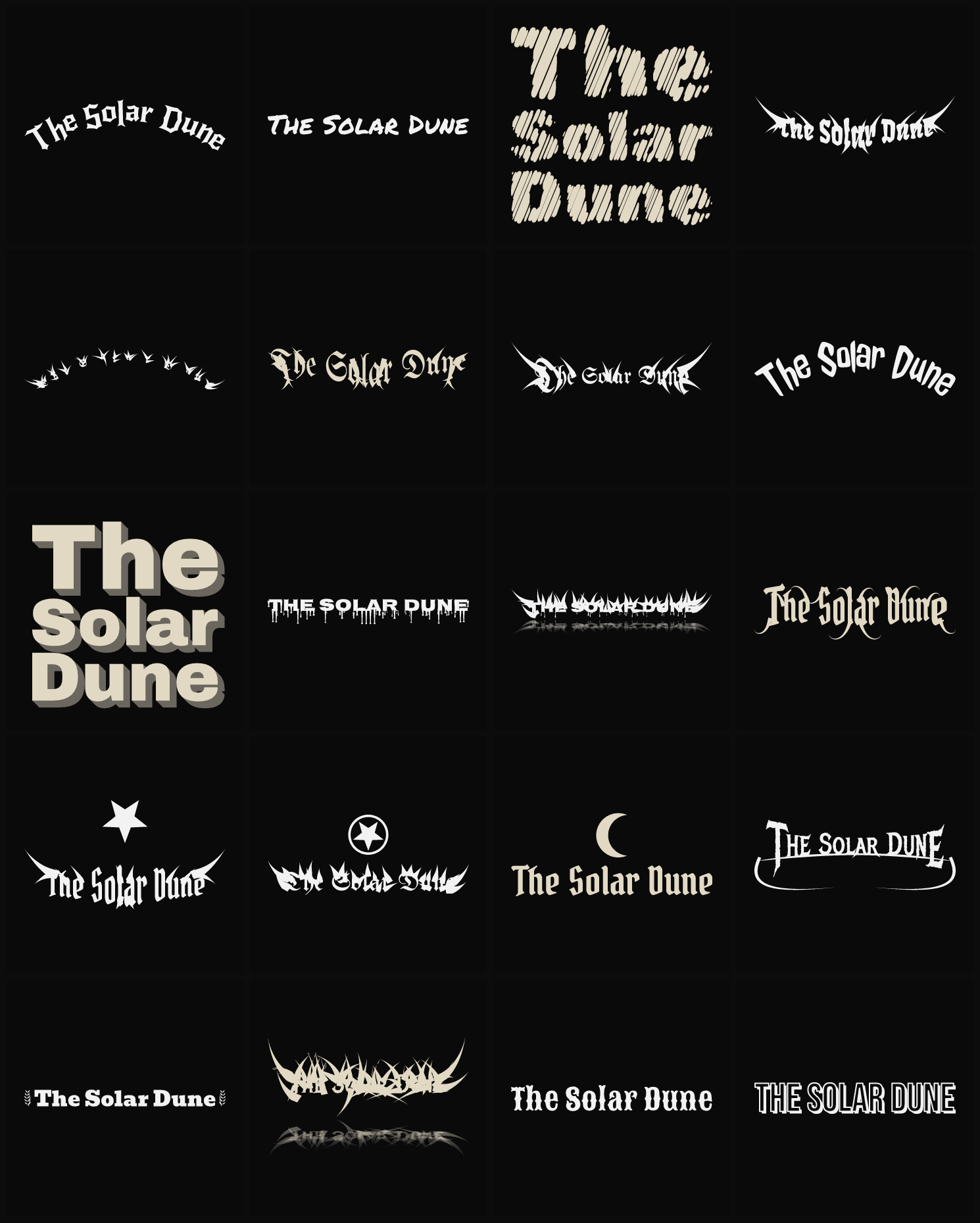 Twenty The Solar Dune band logo ideas — different faces, treatments and spike settings