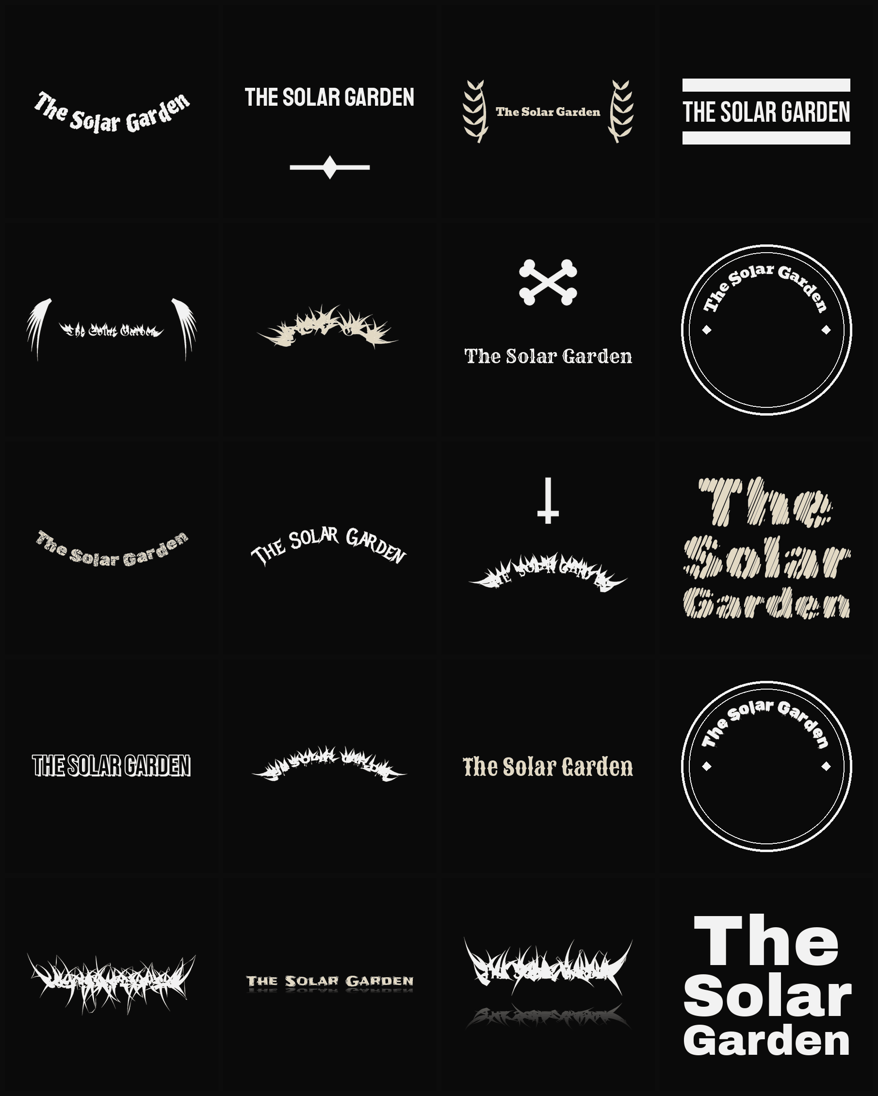 Twenty The Solar Garden band logo ideas — different faces, treatments and spike settings