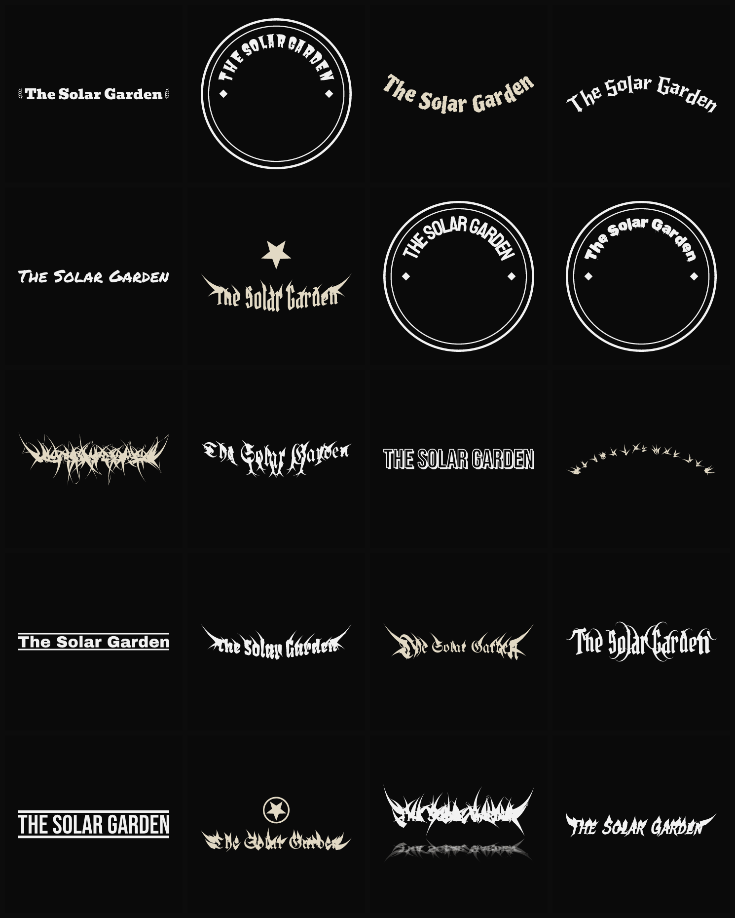 Twenty The Solar Garden band logo ideas — different faces, treatments and spike settings
