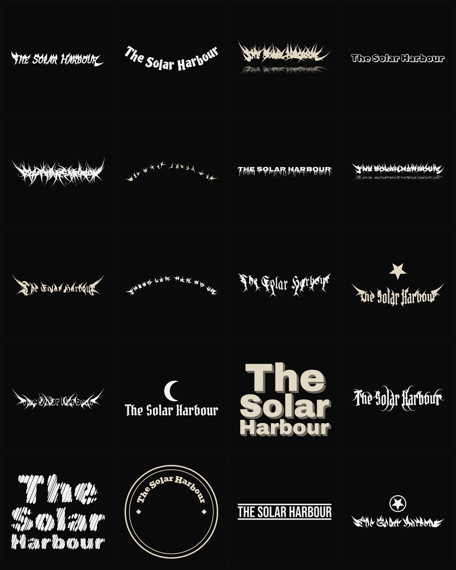 Twenty The Solar Harbour band logo ideas — different faces, treatments and spike settings