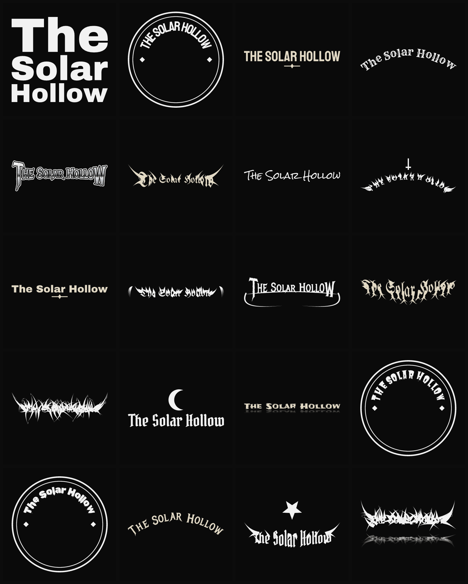 Twenty The Solar Hollow band logo ideas — different faces, treatments and spike settings
