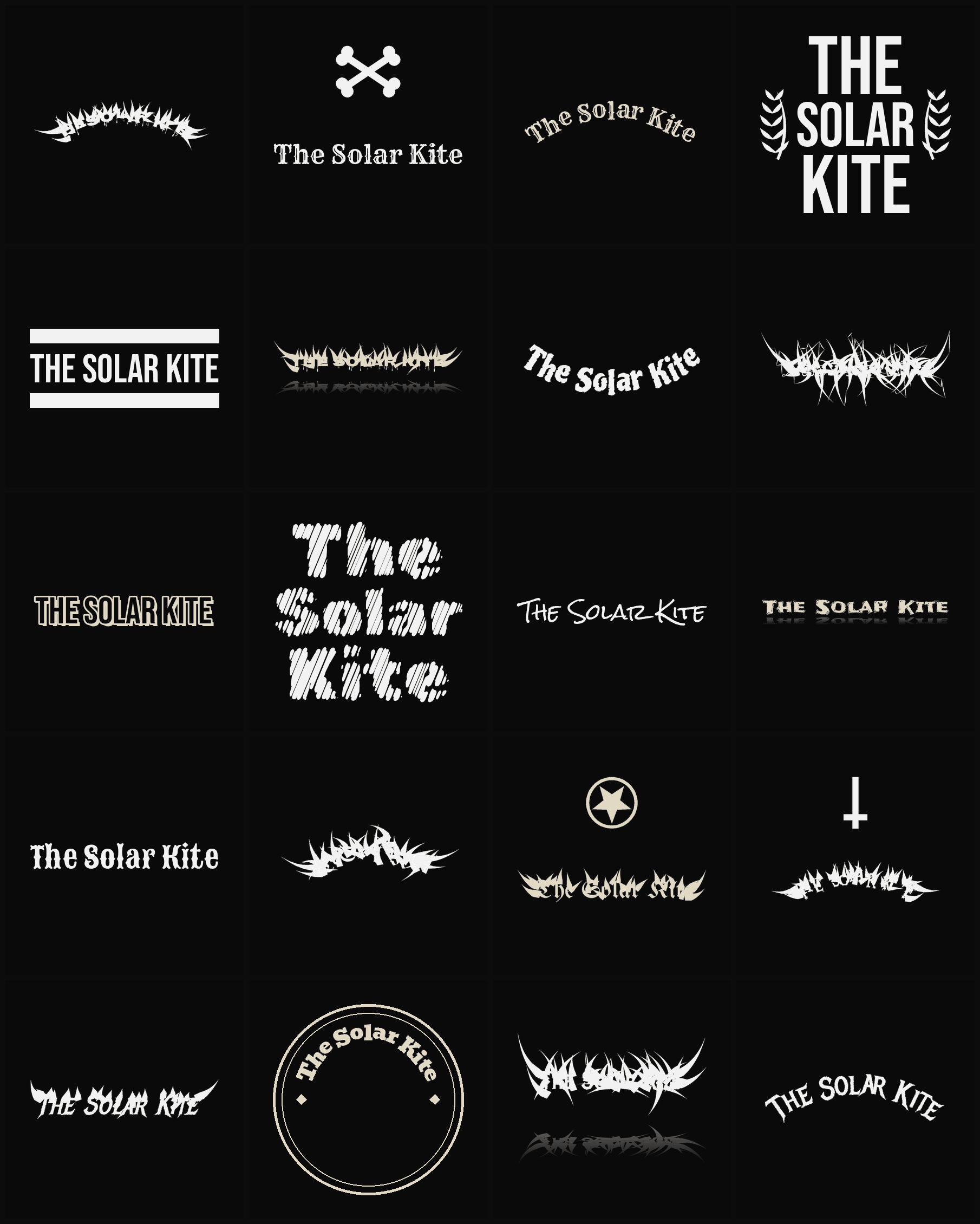 Twenty The Solar Kite band logo ideas — different faces, treatments and spike settings