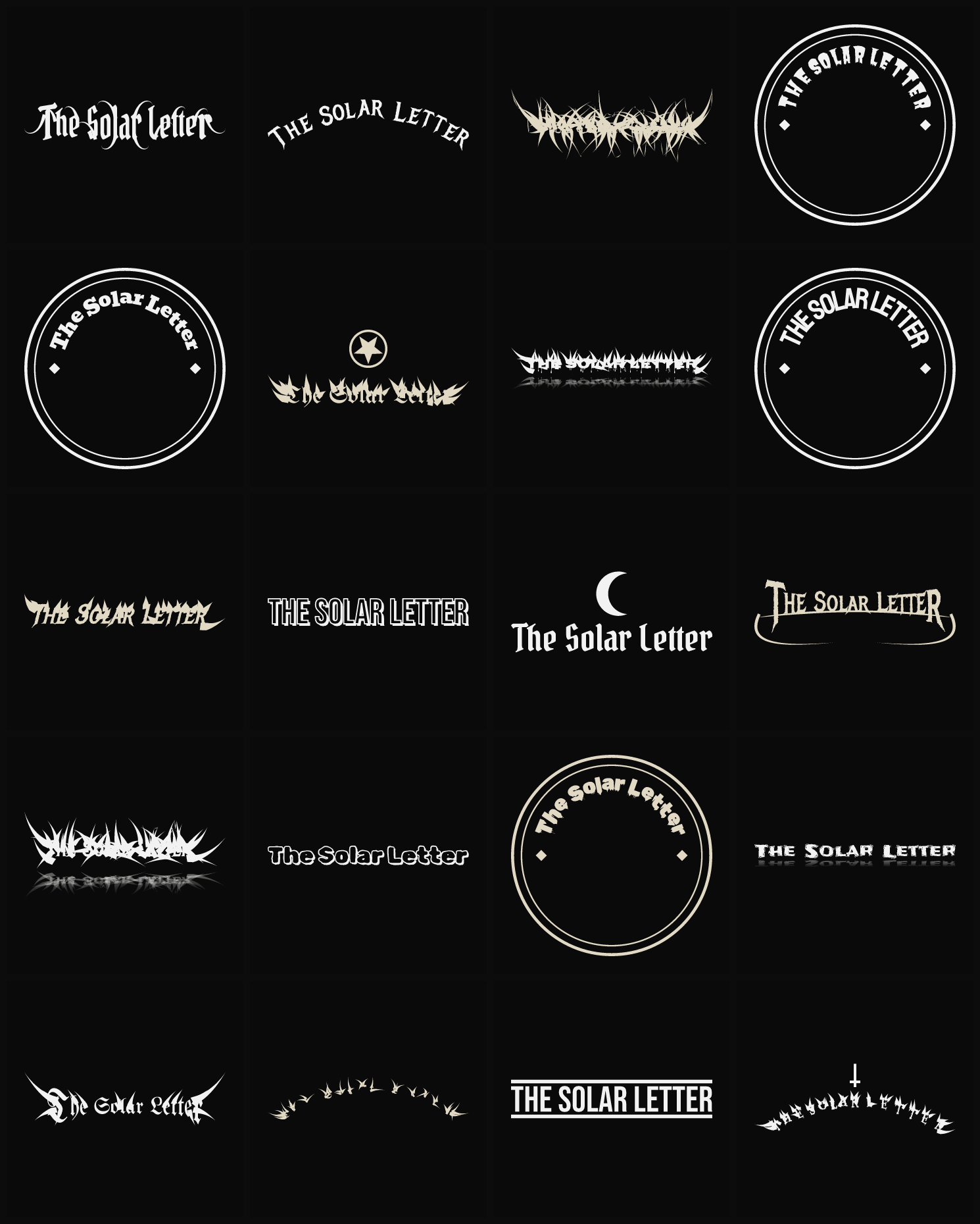 Twenty The Solar Letter band logo ideas — different faces, treatments and spike settings