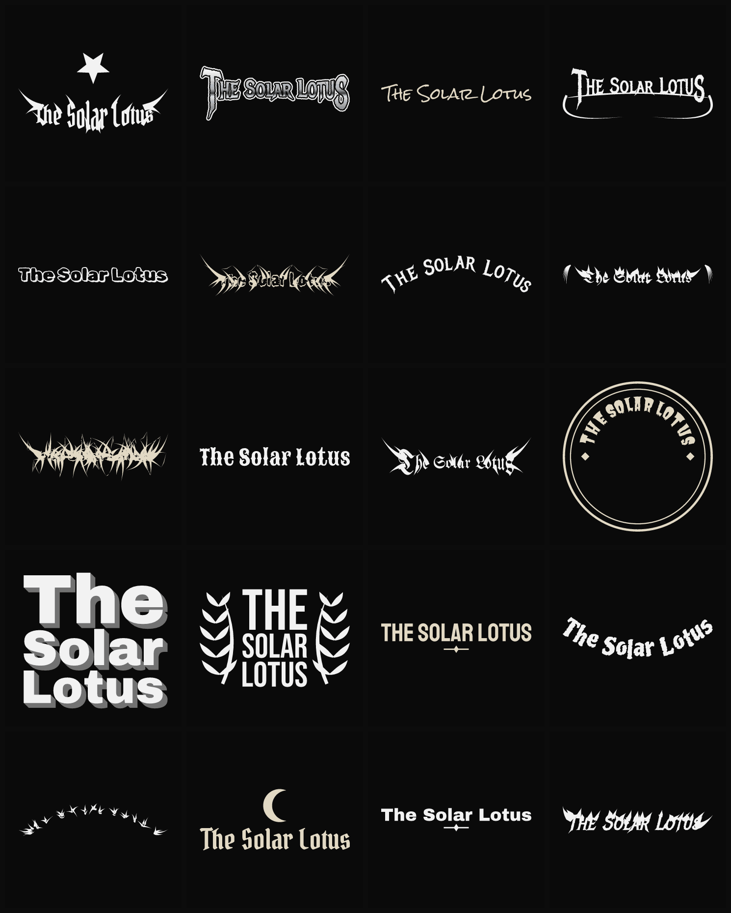 Twenty The Solar Lotus band logo ideas — different faces, treatments and spike settings
