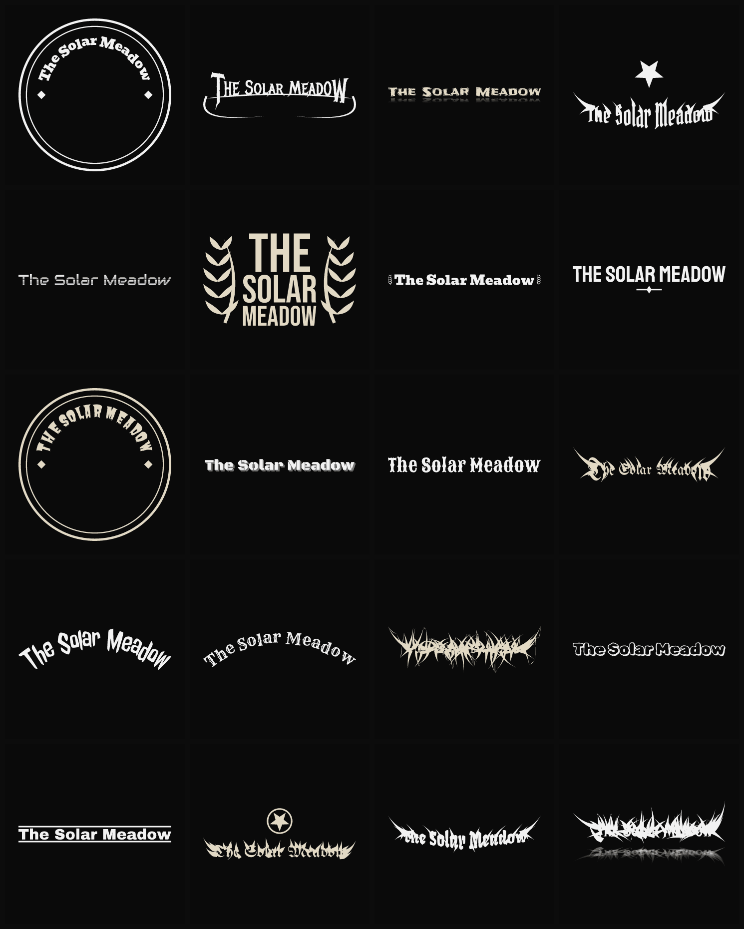 Twenty The Solar Meadow band logo ideas — different faces, treatments and spike settings