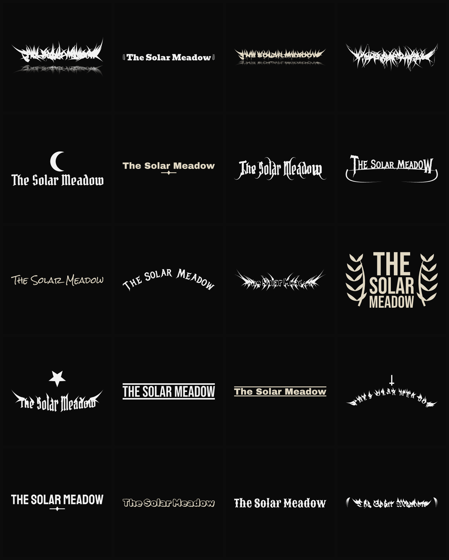 Twenty The Solar Meadow band logo ideas — different faces, treatments and spike settings