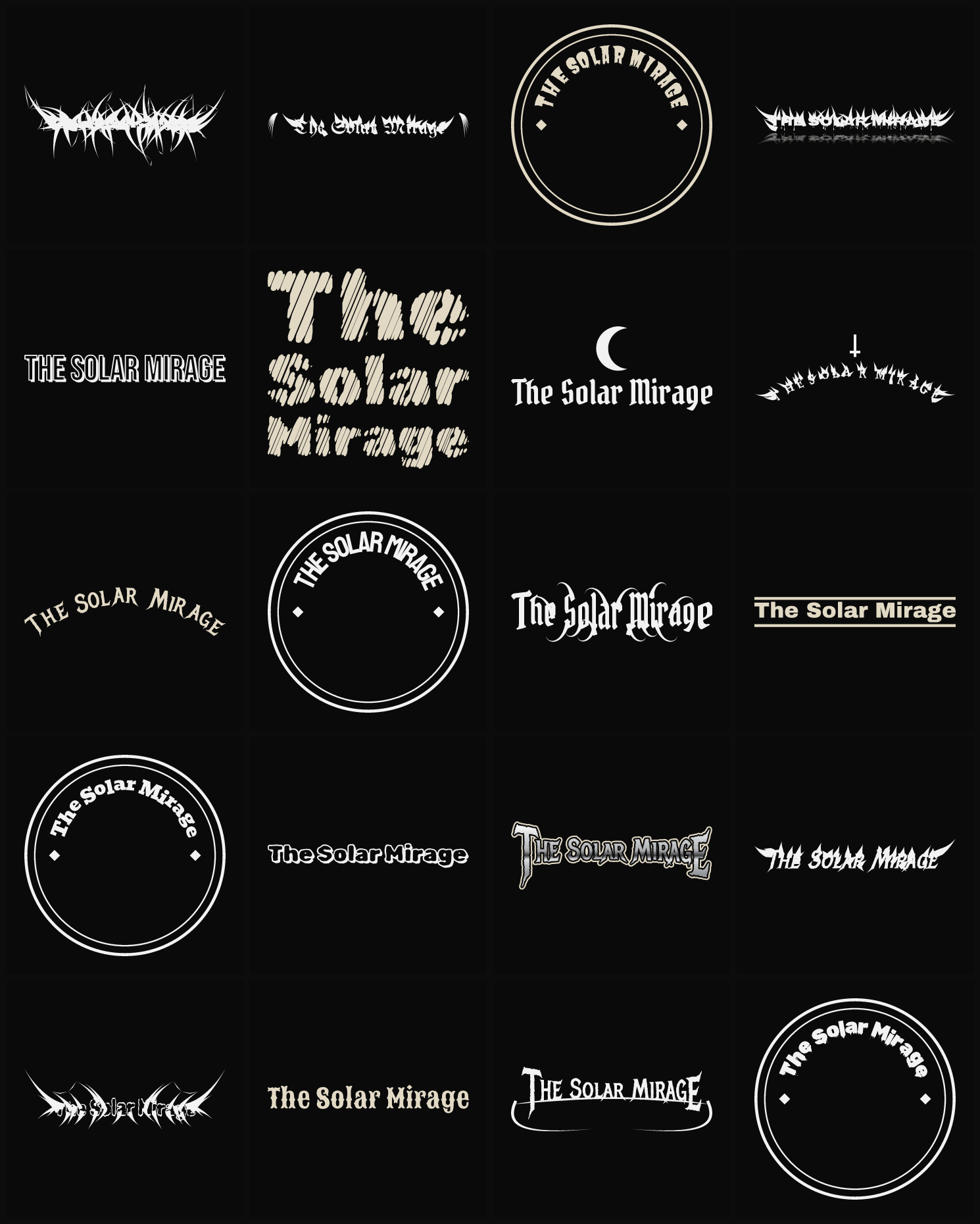 Twenty The Solar Mirage band logo ideas — different faces, treatments and spike settings