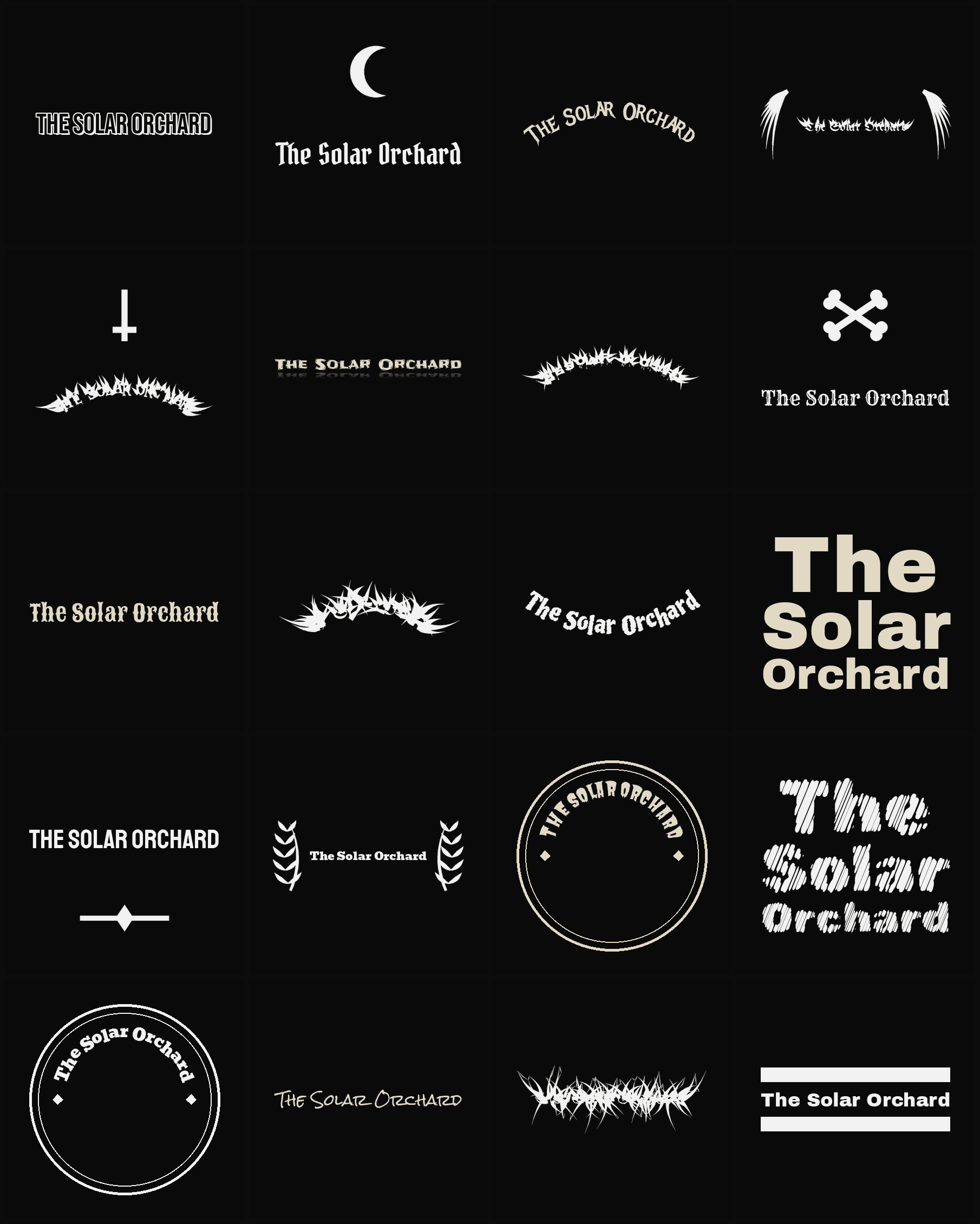 Twenty The Solar Orchard band logo ideas — different faces, treatments and spike settings